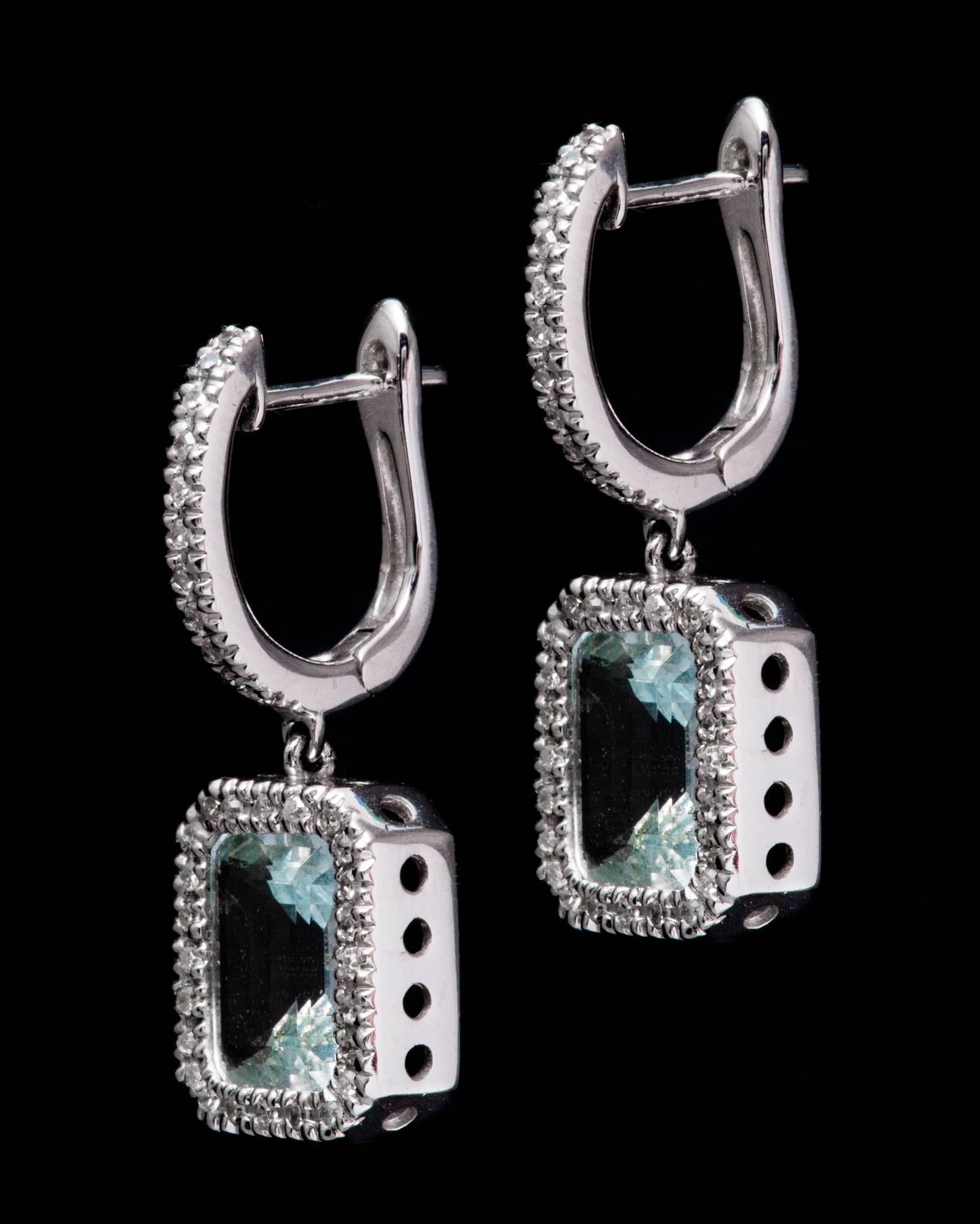 Aquamarine Diamond Halo Dangle Earrings in White Gold In Excellent Condition For Sale In Boston, MA