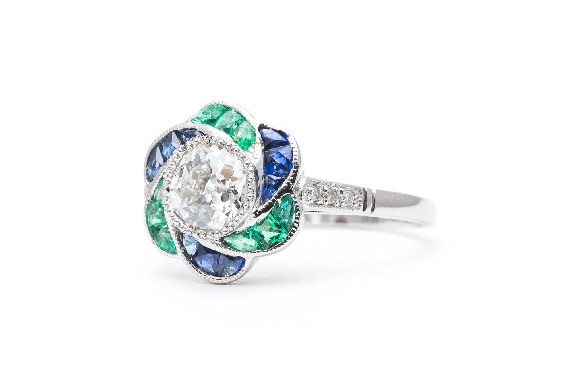 Women's Blossoming Diamond, Emerald, and Sapphire Flower Engagement Ring For Sale