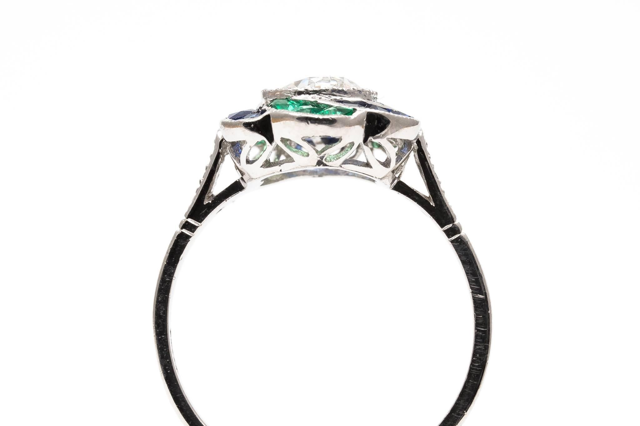 Blossoming Diamond, Emerald, and Sapphire Flower Engagement Ring For Sale 2