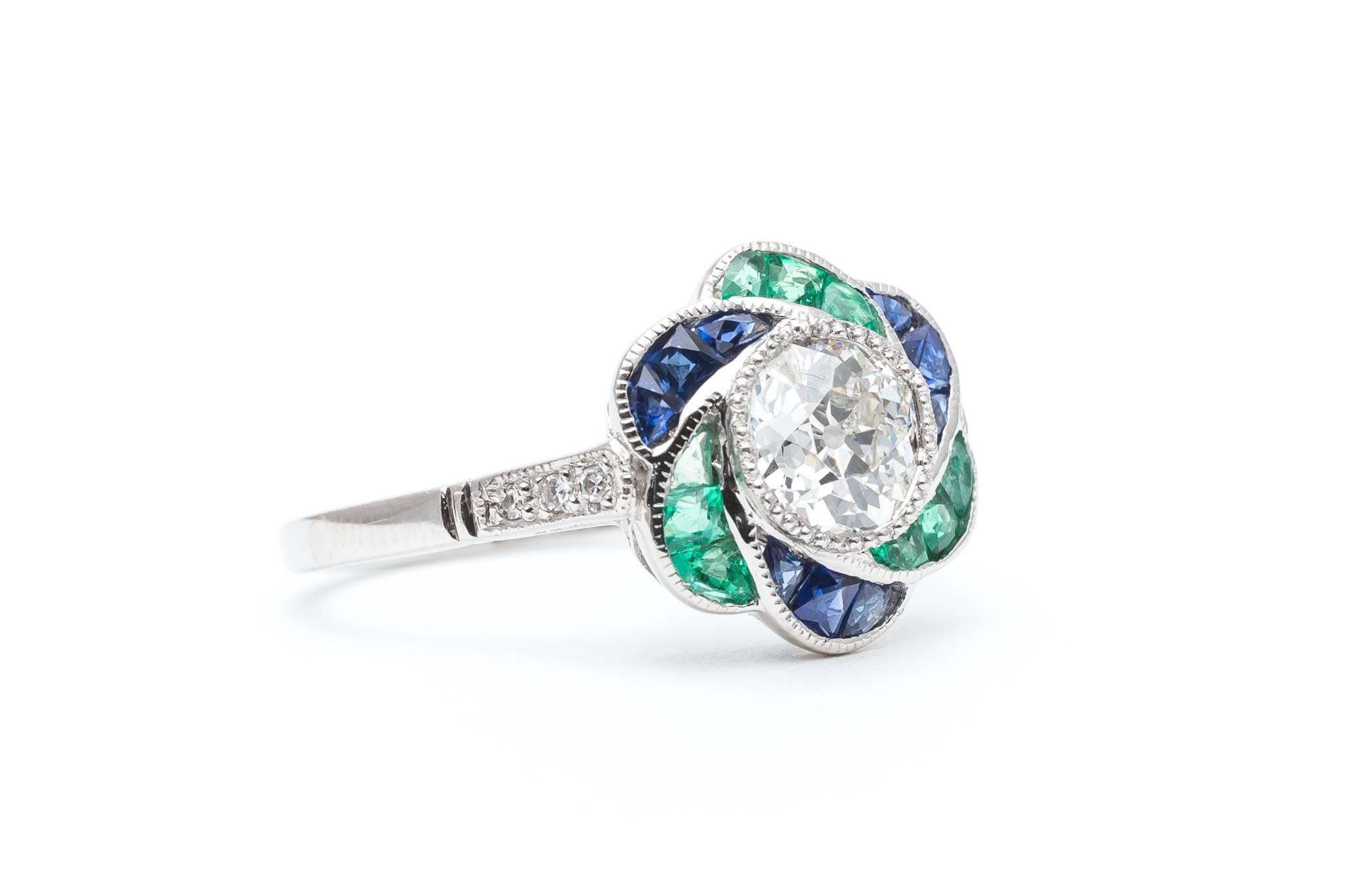 Blossoming Diamond, Emerald, and Sapphire Flower Engagement Ring In Excellent Condition For Sale In Boston, MA