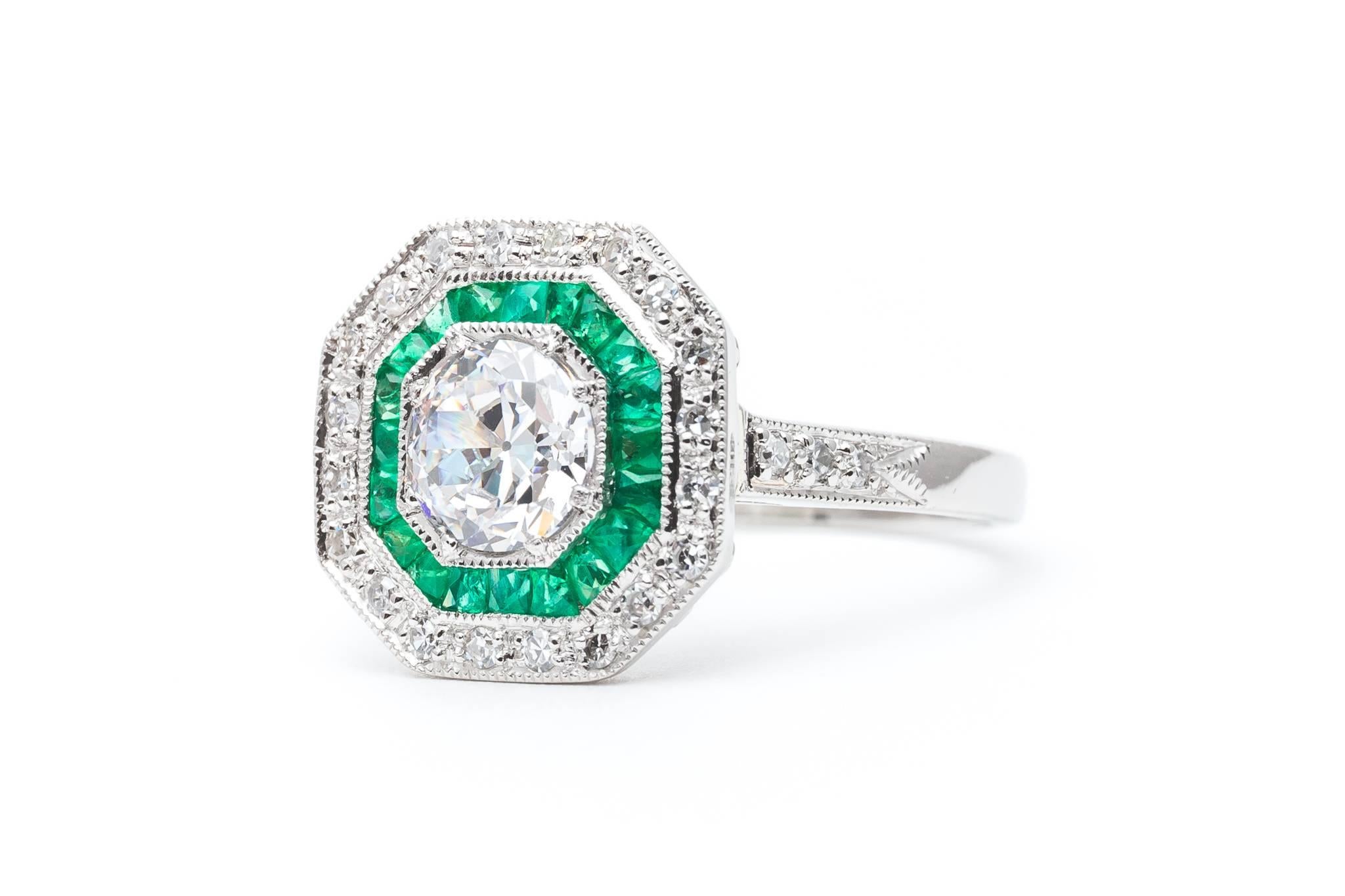 Women's Double Halo 0.80 Carat Diamond and Emerald Ring  For Sale