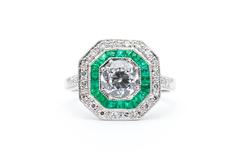 Double Halo 0.80 Carat Diamond and Emerald Ring