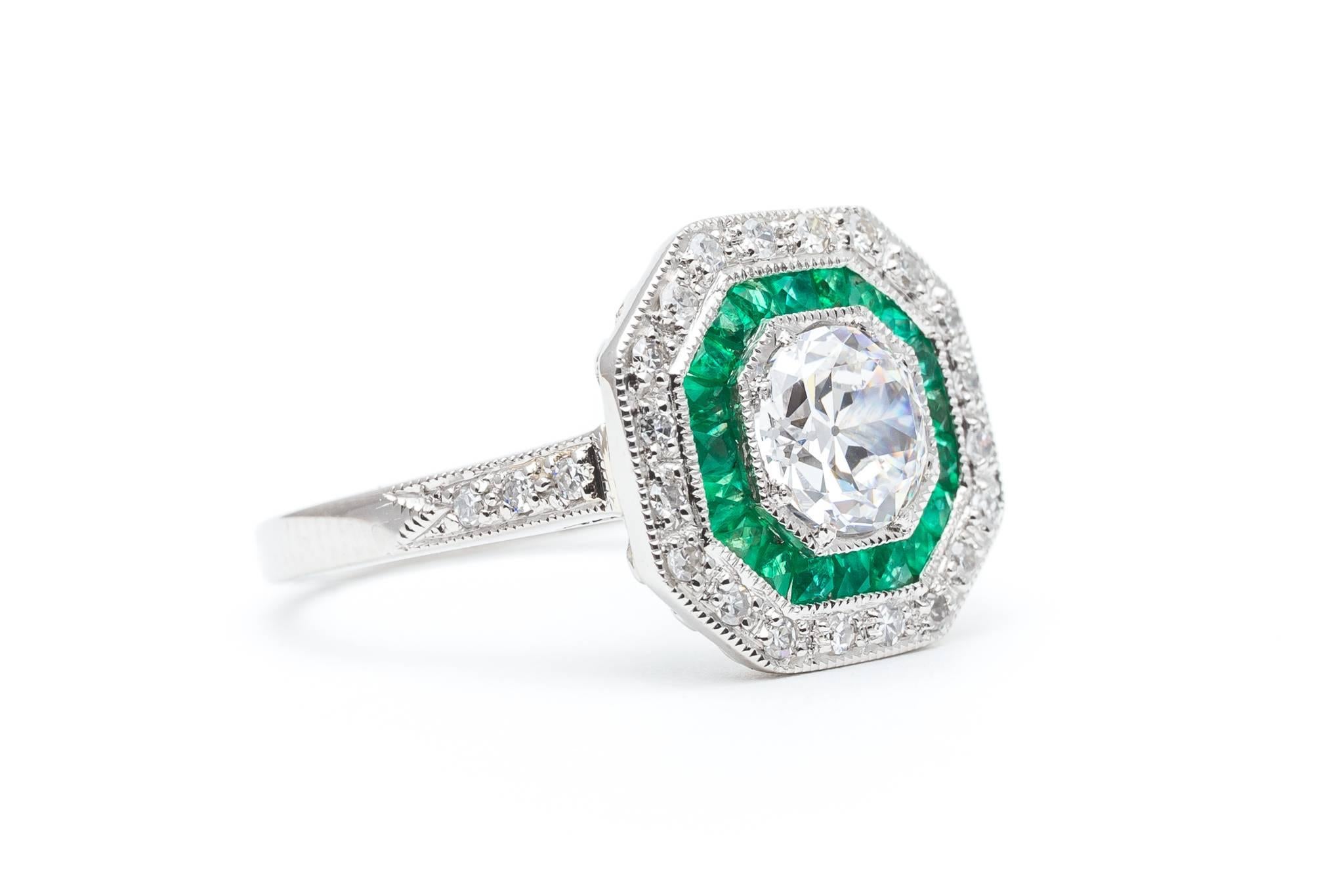 Double Halo 0.80 Carat Diamond and Emerald Ring  In Excellent Condition For Sale In Boston, MA