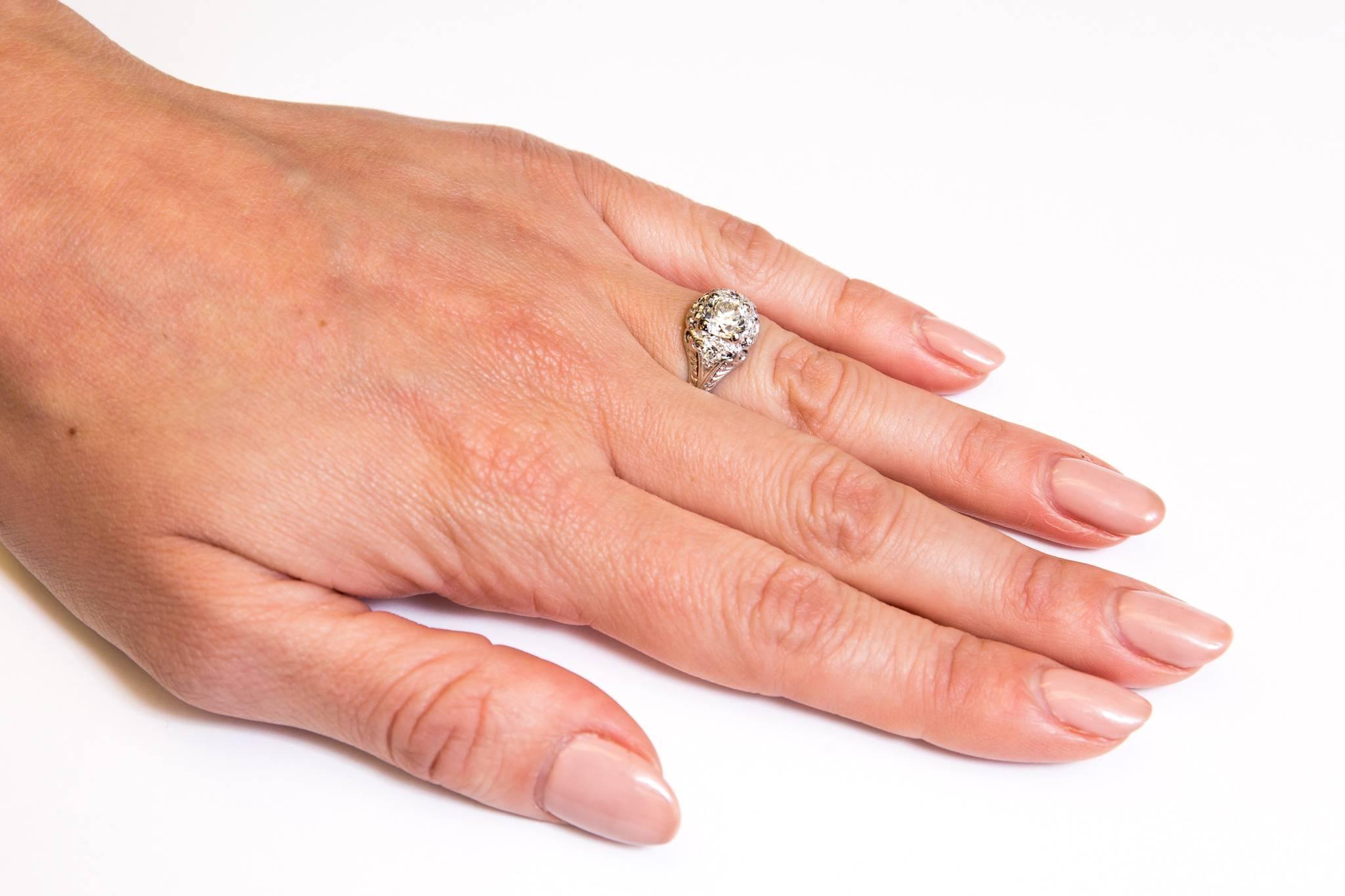 Art Deco 1.10 Carat Diamond Platinum Floral Engagement Ring For Sale 2