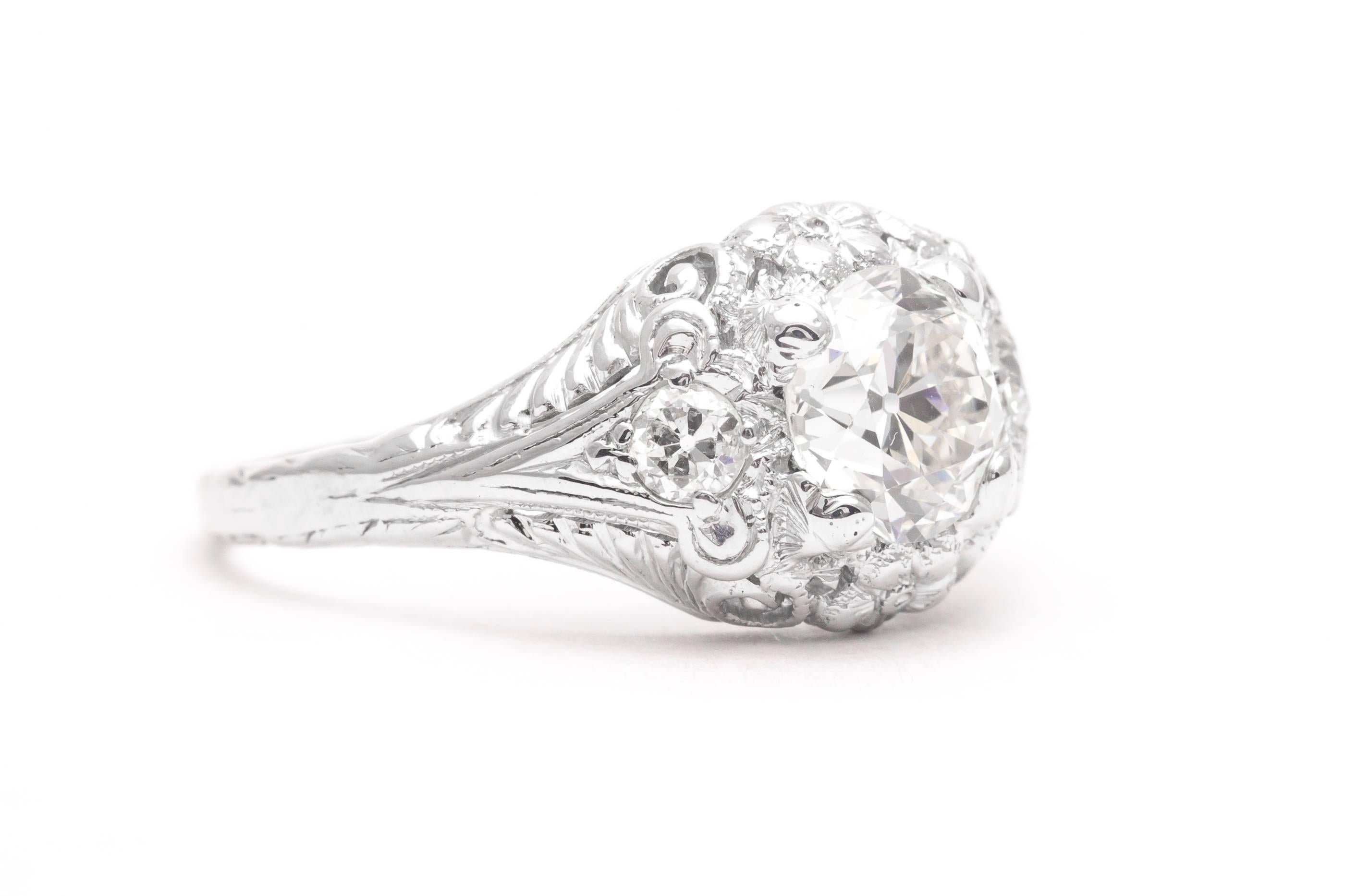 Old European Cut Art Deco 1.10 Carat Diamond Platinum Floral Engagement Ring For Sale