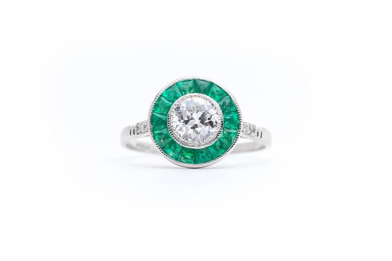 Forest Green Emerald Diamond Platinum Target  Ring  For Sale 