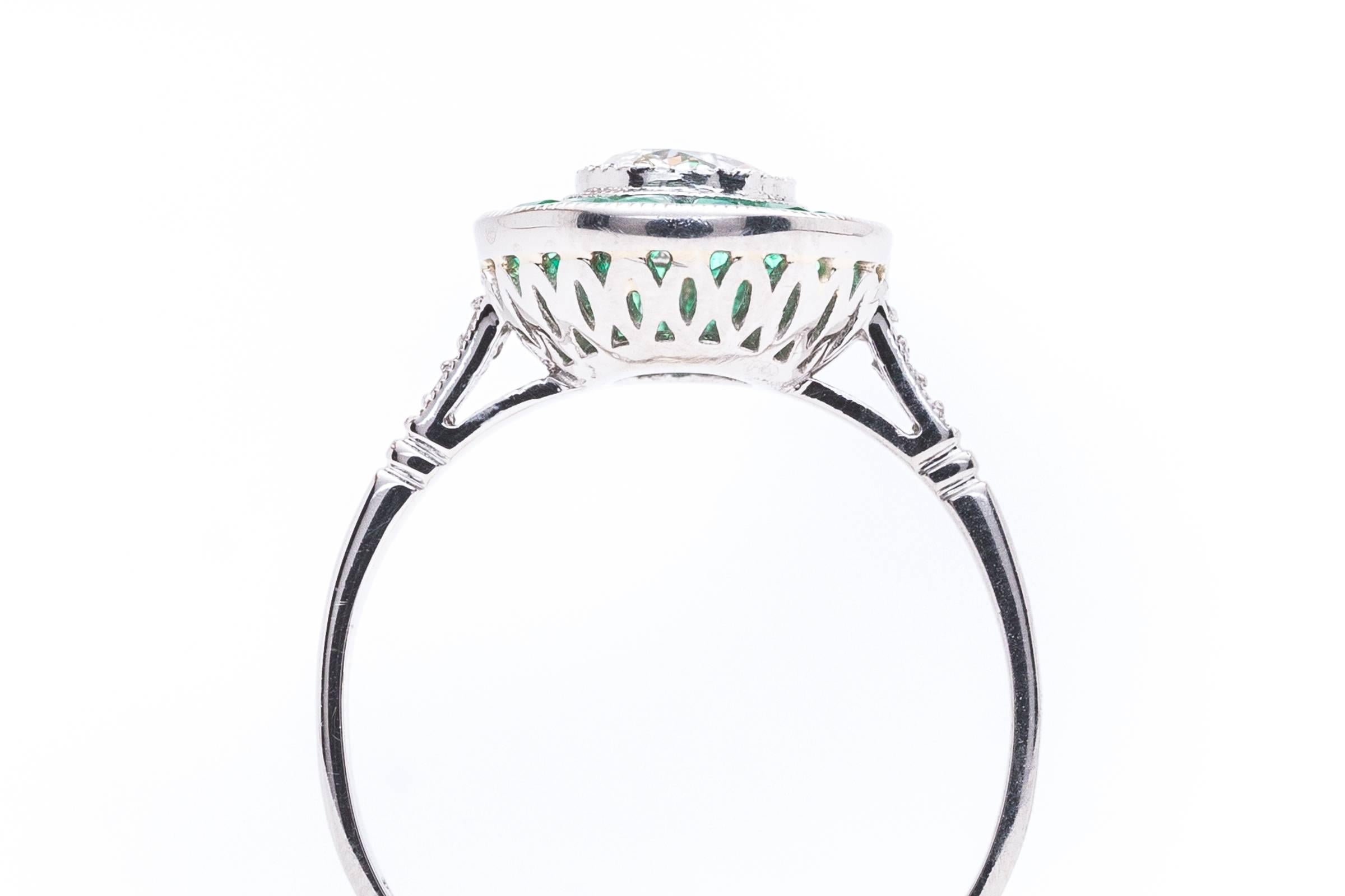 Forest Green Emerald Diamond Platinum Target Ring  In Excellent Condition For Sale In Boston, MA