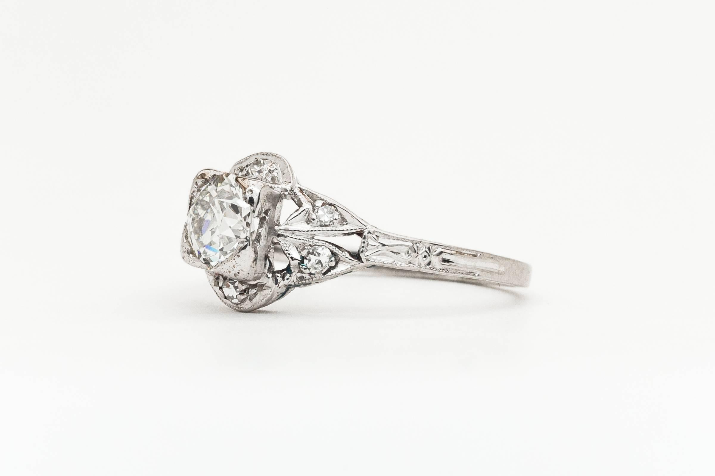 Art Deco 0.50 Carat Diamond Platinum Engagement Ring In Excellent Condition For Sale In Boston, MA