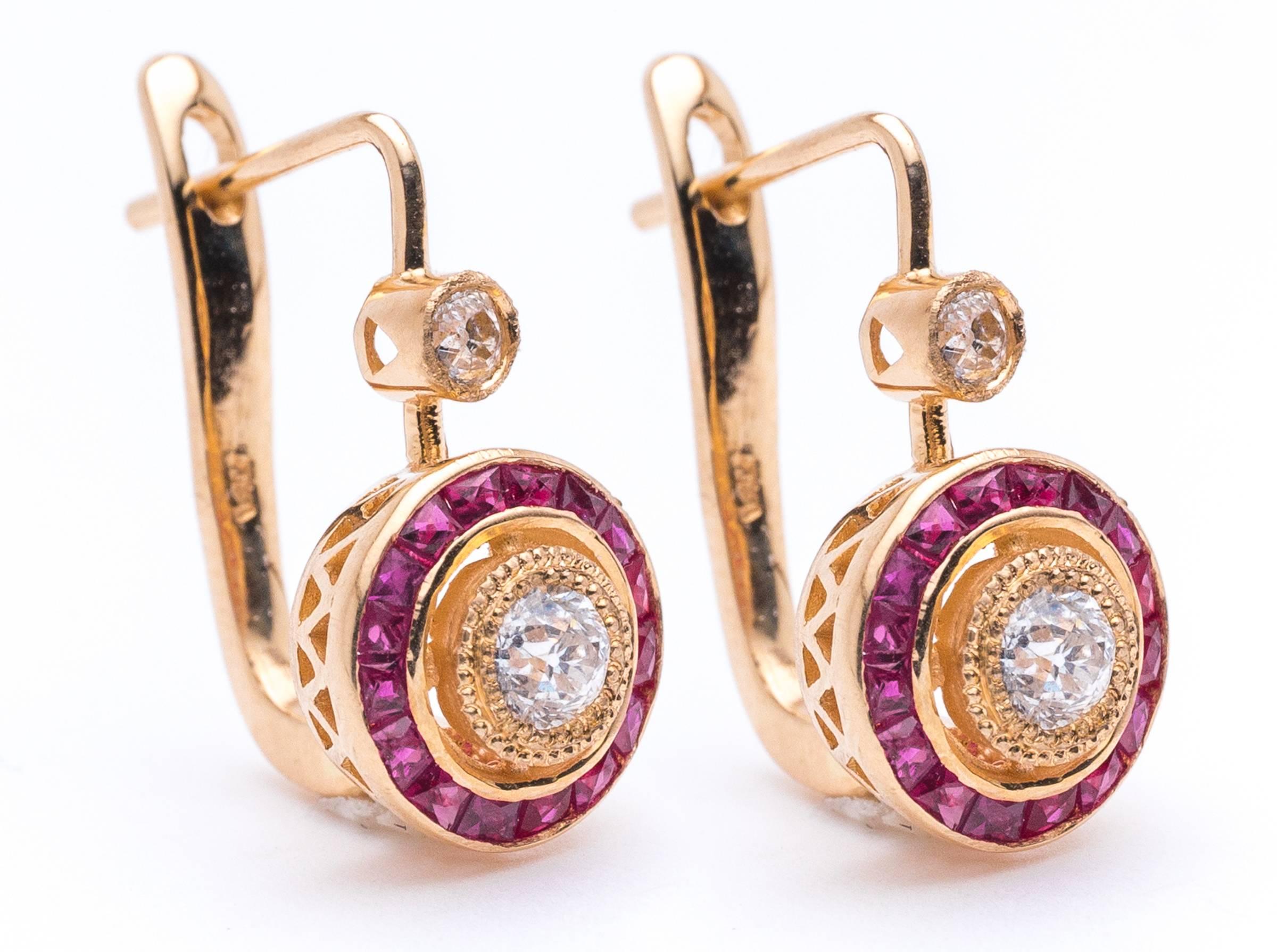 Striking French Cut Ruby and Diamond Gold Earrings In Excellent Condition For Sale In Boston, MA
