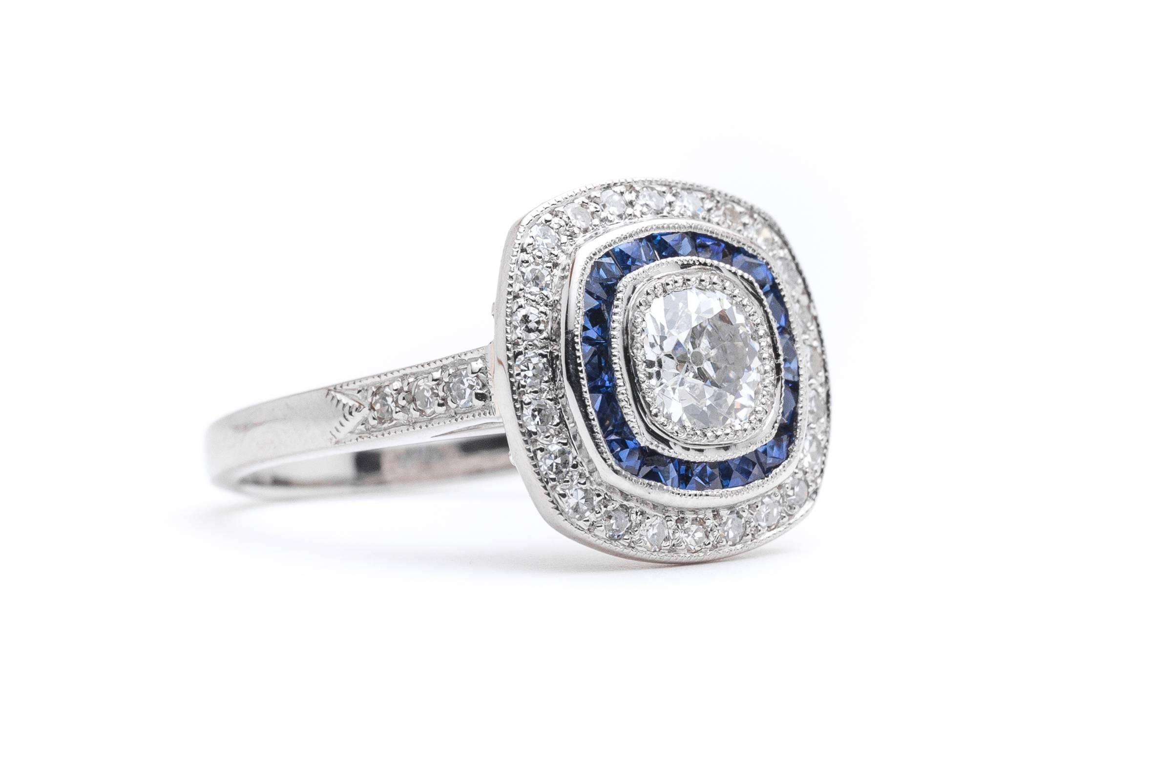 Diamond and French Cut Sapphire Platinum Ring In Excellent Condition In Boston, MA