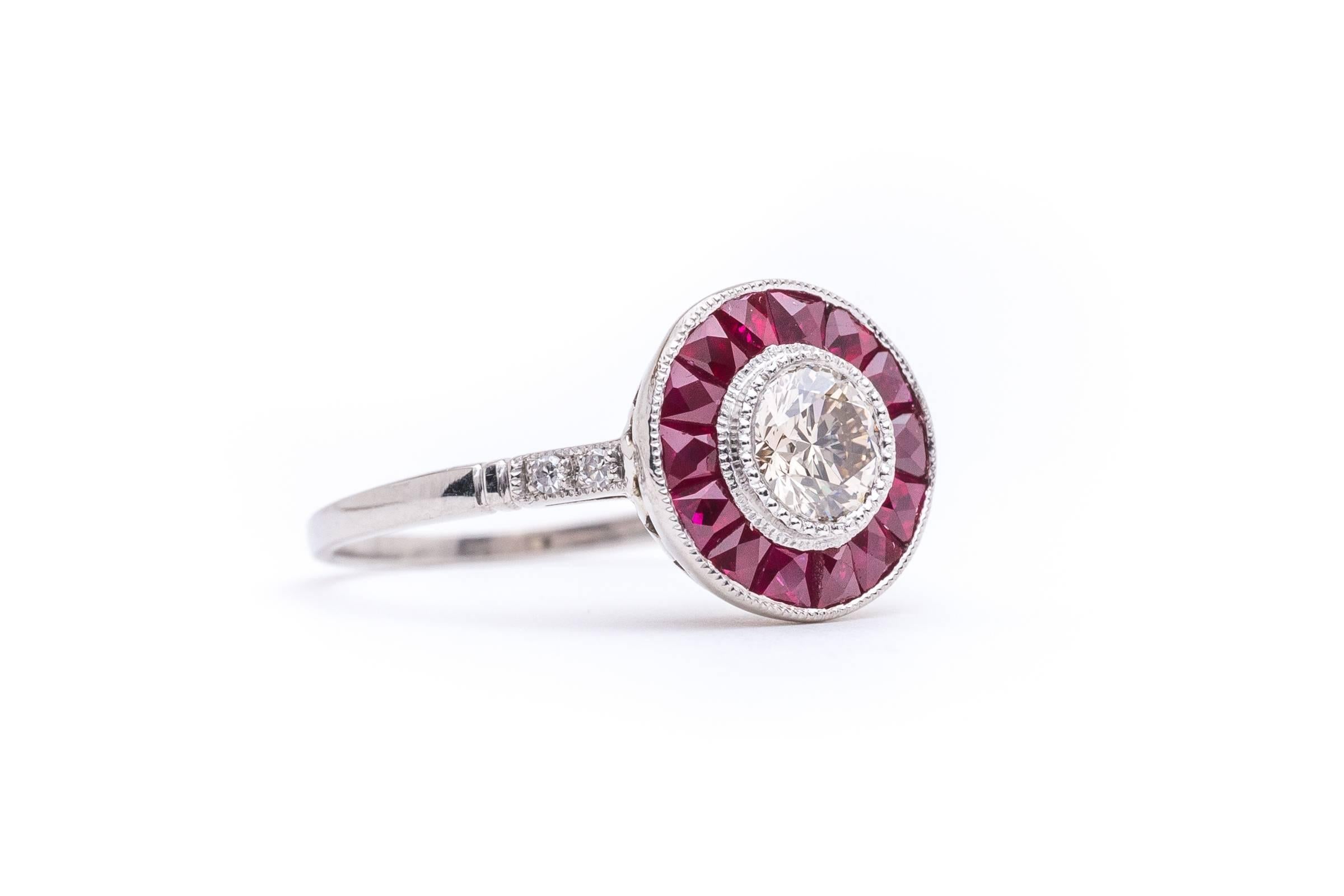 French Cut Ravishing Ruby and Champagne Diamond Target Ring in Platinum For Sale