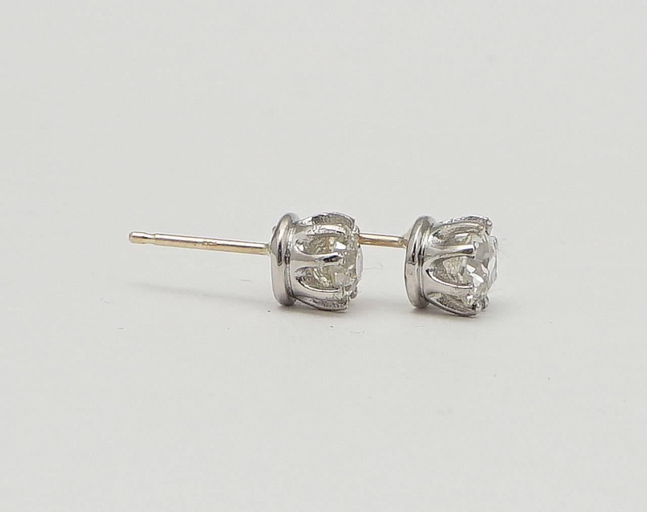 European Cut 1.30 Carat Diamond Stud Earrings in Platinum In Excellent Condition For Sale In Boston, MA