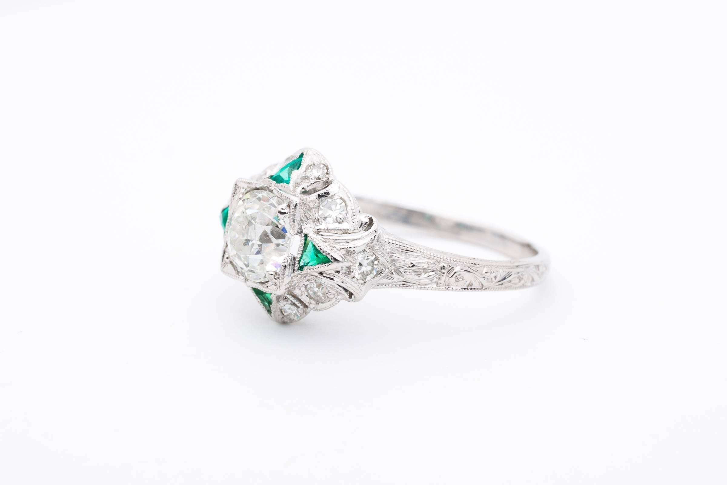Art Deco 0.95 Carat GIA Certified Emerald Diamond Platinum Ring In Excellent Condition For Sale In Boston, MA