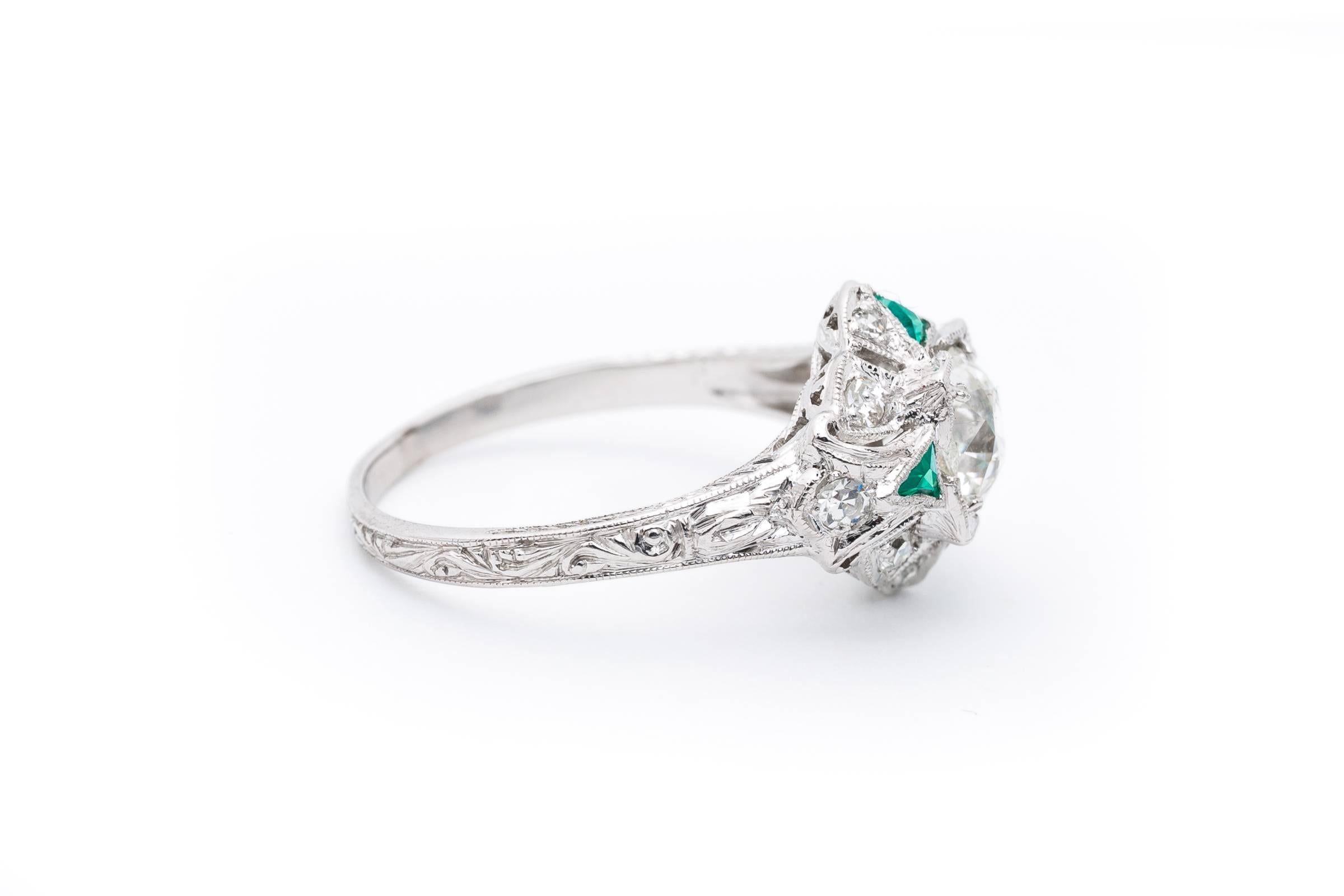 Women's Art Deco 0.95 Carat GIA Certified Emerald Diamond Platinum Ring For Sale