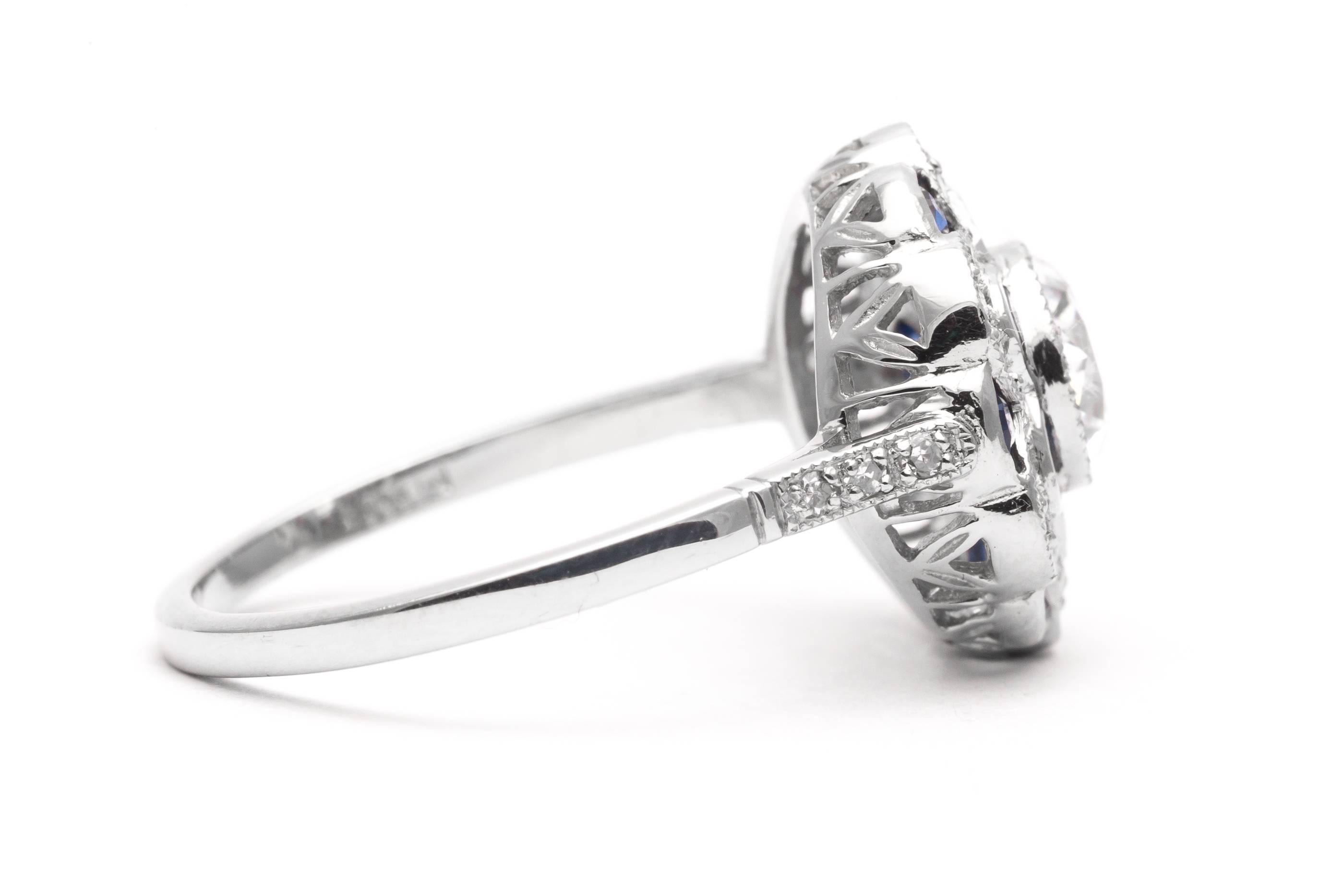 Women's Floral 0.80 Carat Diamond Sapphire Platinum Engagement Ring For Sale