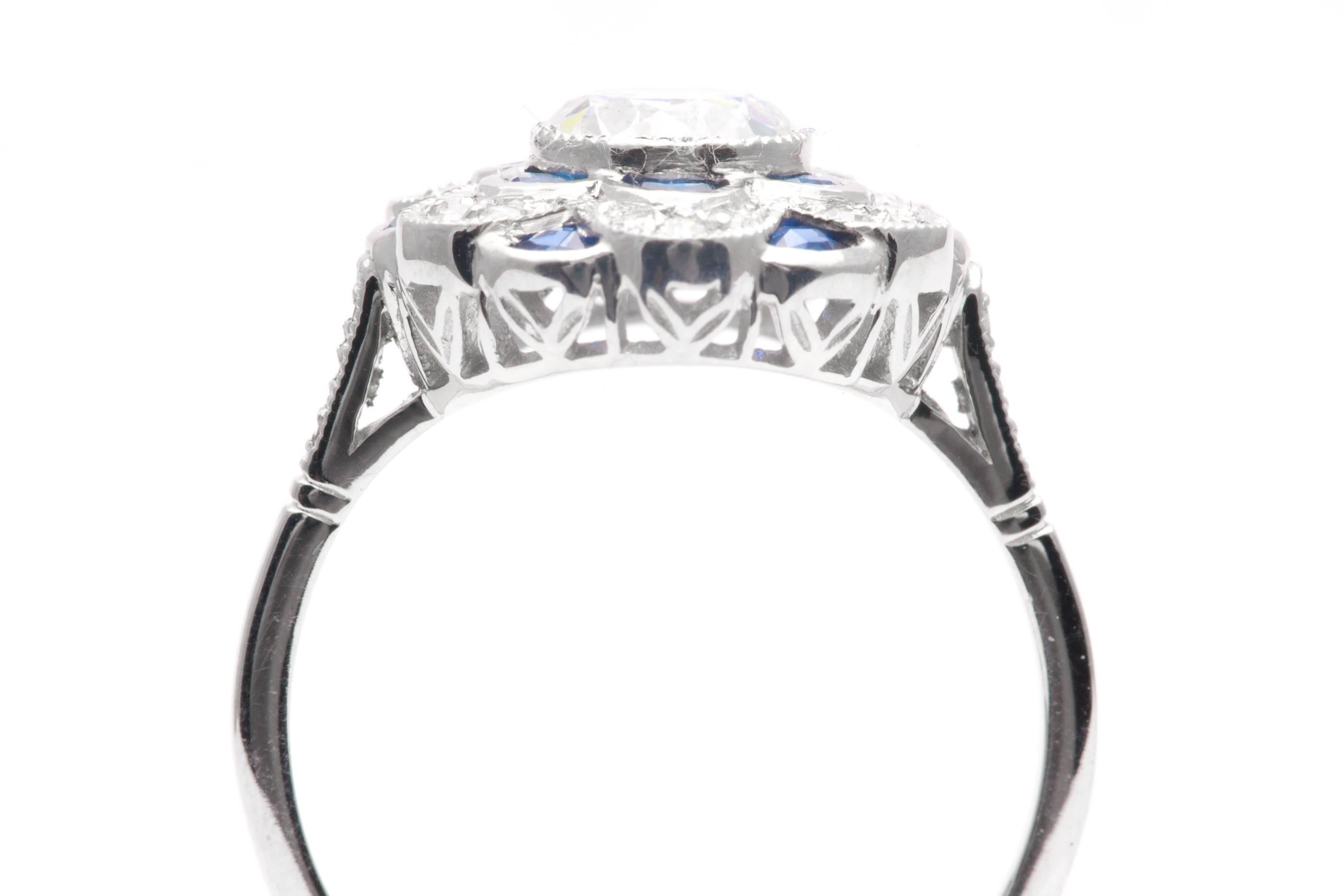 Floral 0.80 Carat Diamond Sapphire Platinum Engagement Ring For Sale 1