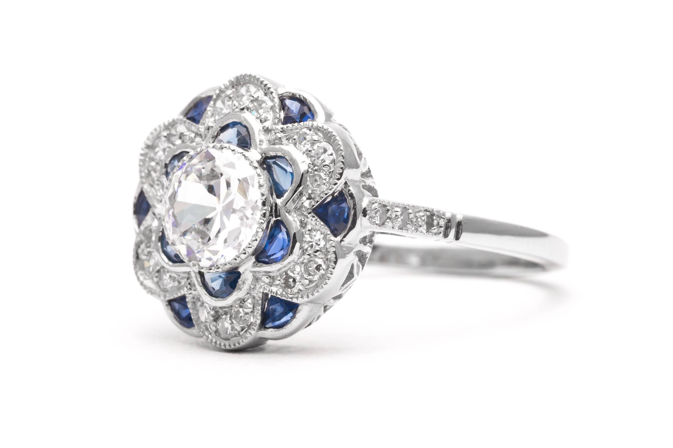 Floral 0.80 Carat Diamond Sapphire Platinum Engagement Ring For Sale 2