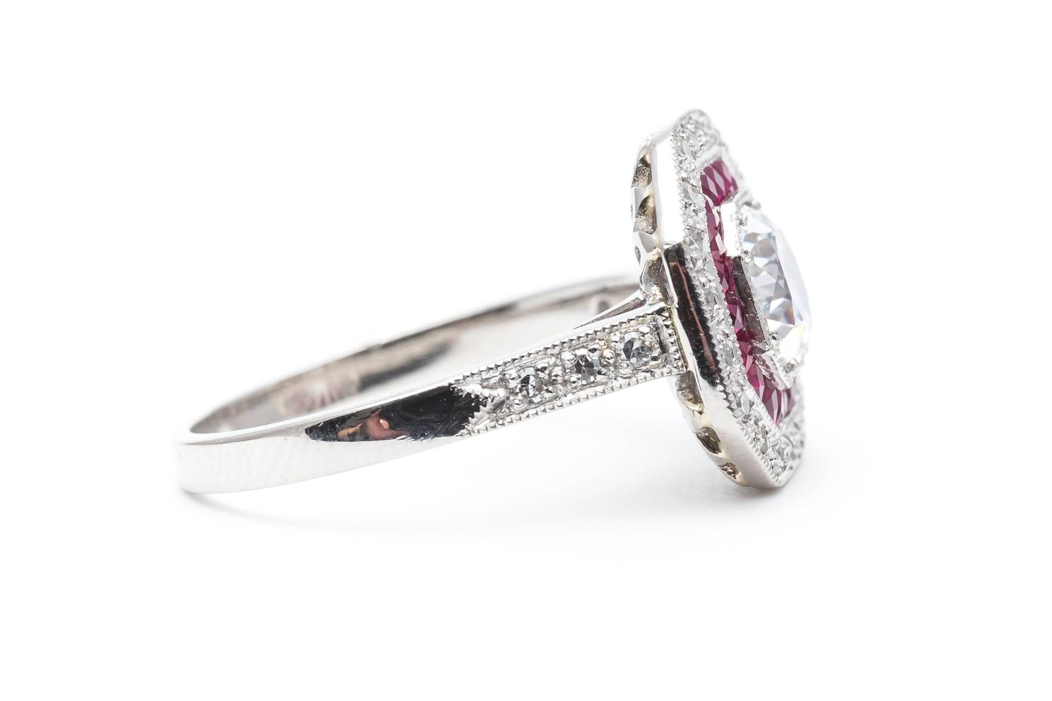 Women's Double Halo Ruby and Diamond Engagement Ring in Platinum For Sale