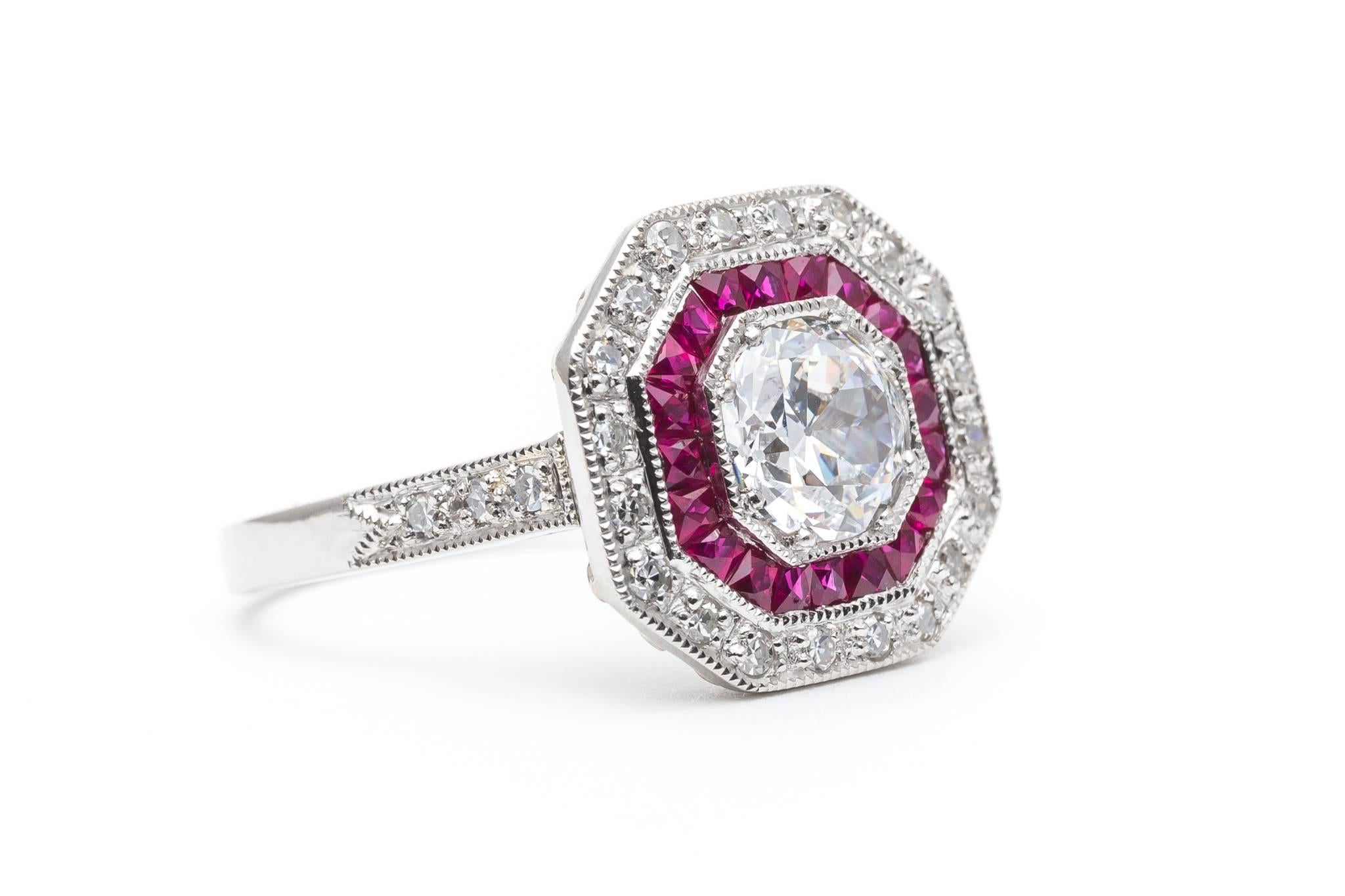 French Cut Double Halo Ruby and Diamond Engagement Ring in Platinum For Sale