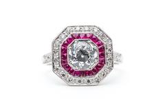 Double Halo Ruby and Diamond Engagement Ring in Platinum