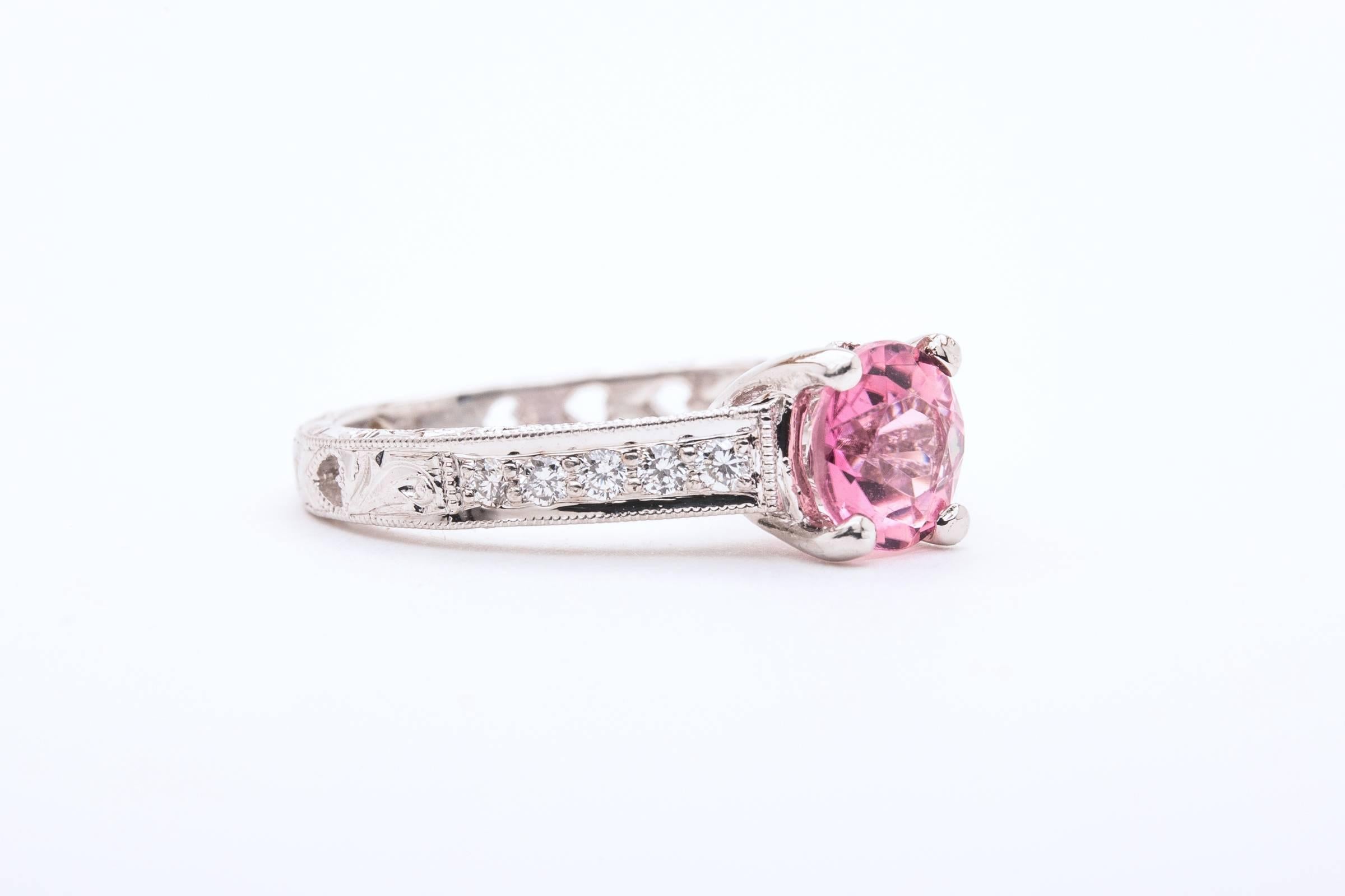 Art Deco 1.20 Carat Hand Engraved Pink Tourmaline Diamond Platinum Ring