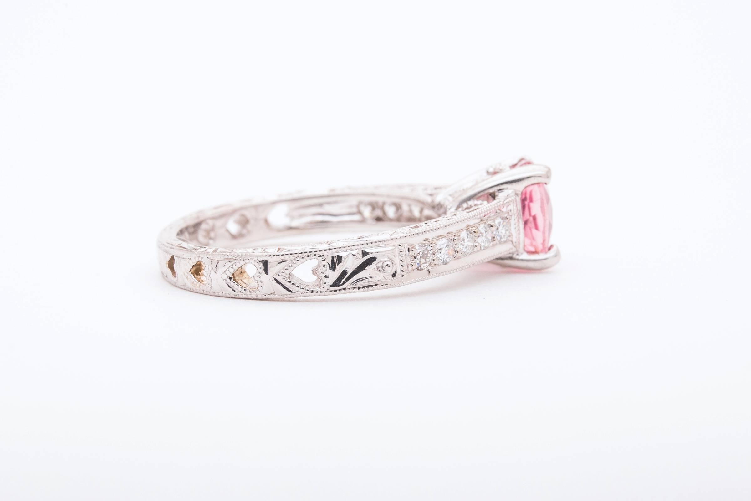 Women's 1.20 Carat Hand Engraved Pink Tourmaline Diamond Platinum Ring