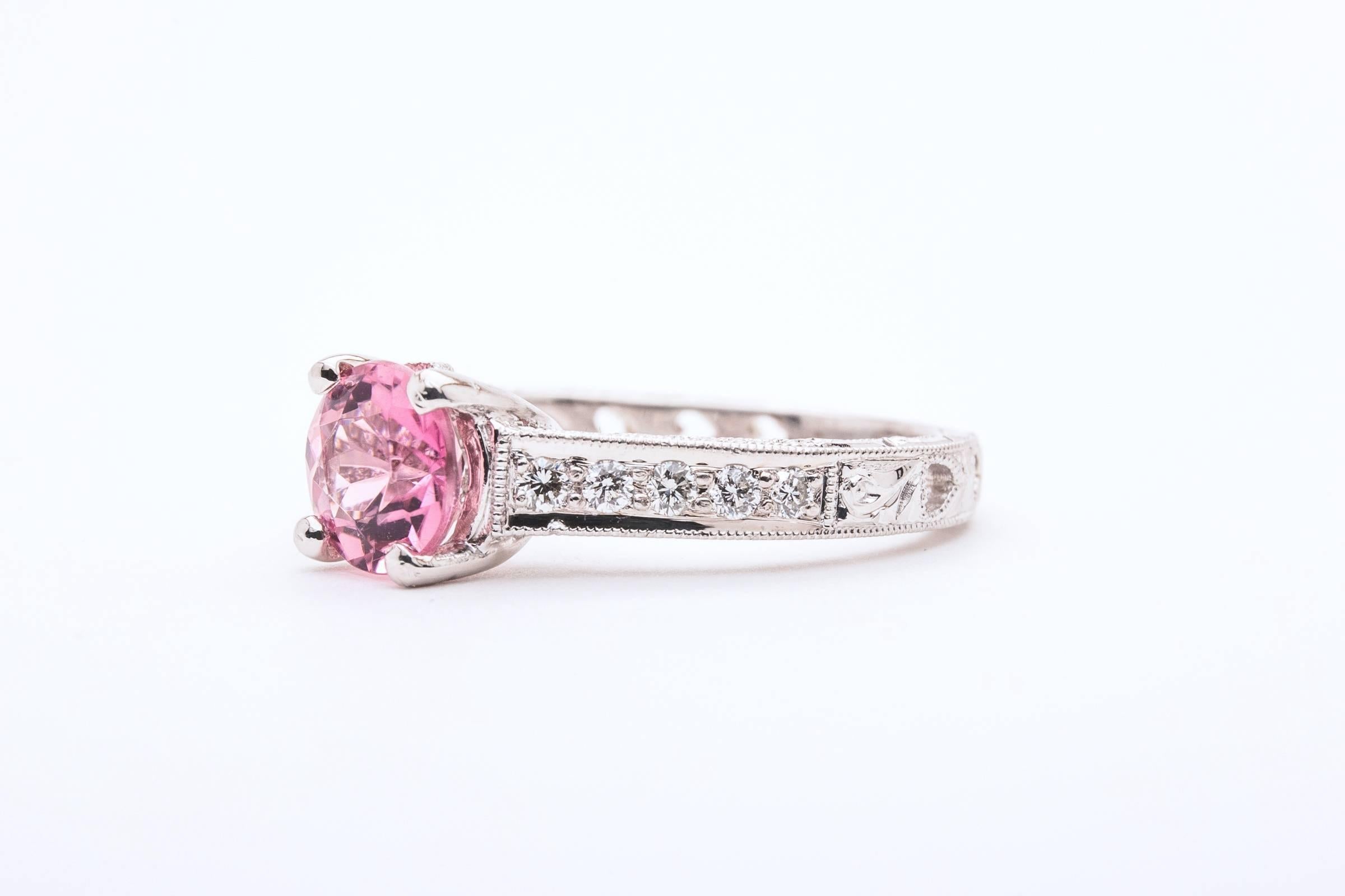 1.20 Carat Hand Engraved Pink Tourmaline Diamond Platinum Ring In Excellent Condition In Boston, MA
