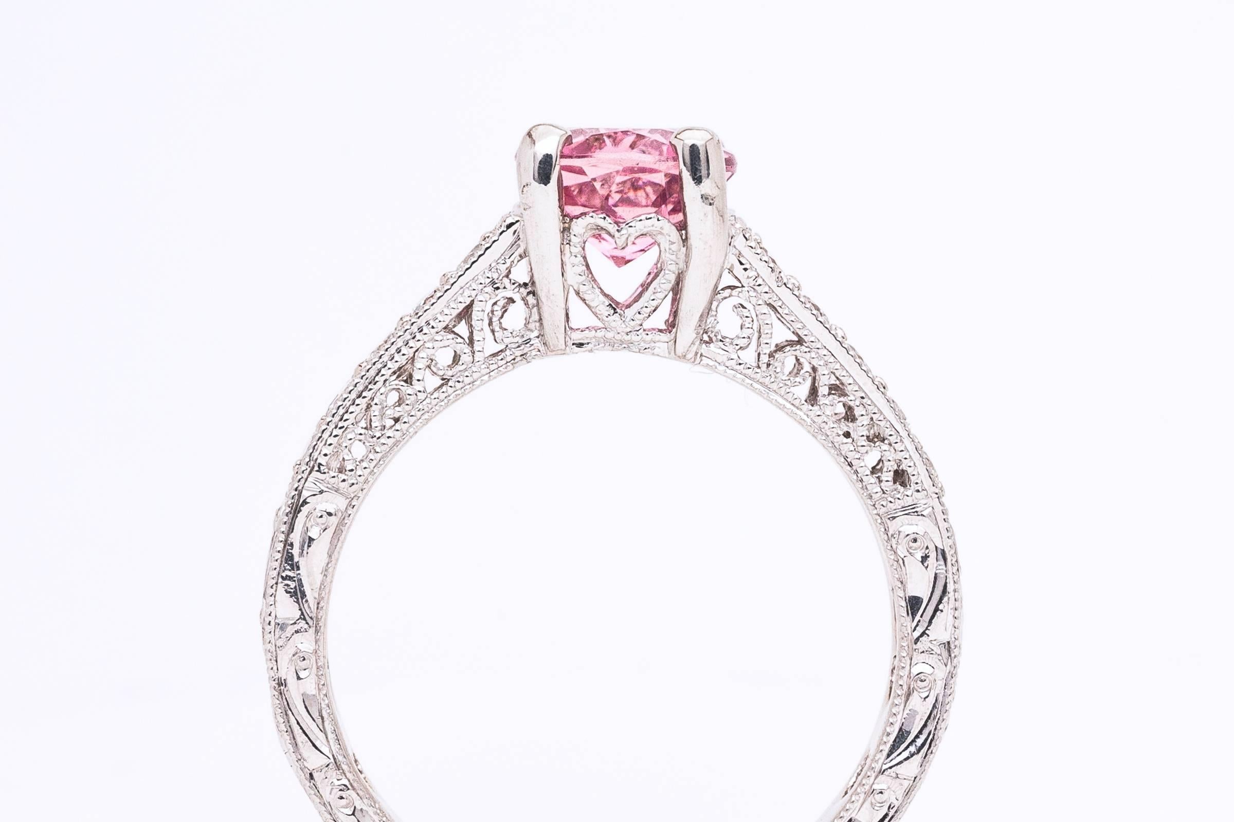 1.20 Carat Hand Engraved Pink Tourmaline Diamond Platinum Ring 1