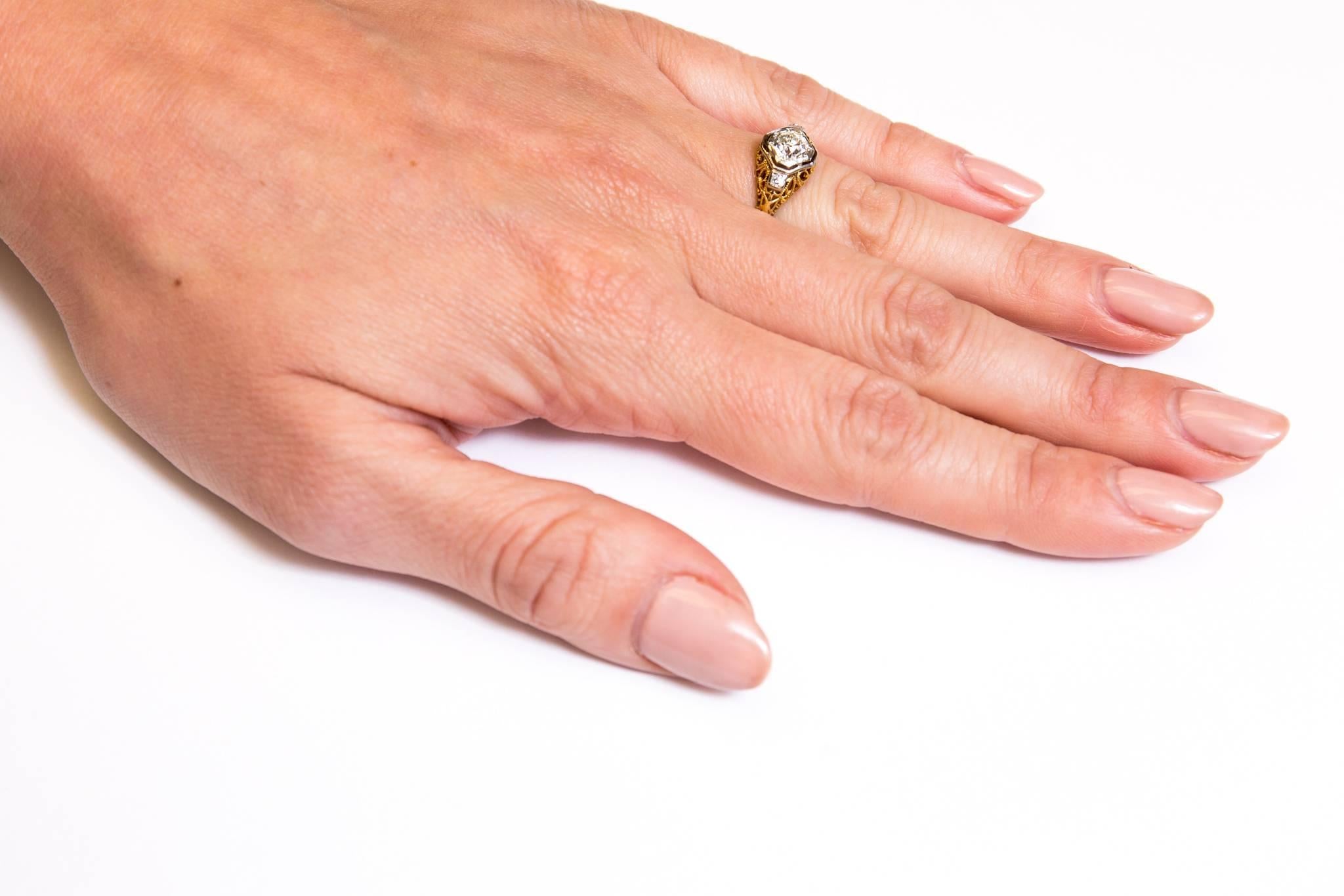 Edwardian 0.52 Carat Diamond Gold Platinum Filigree Engagement Ring 2