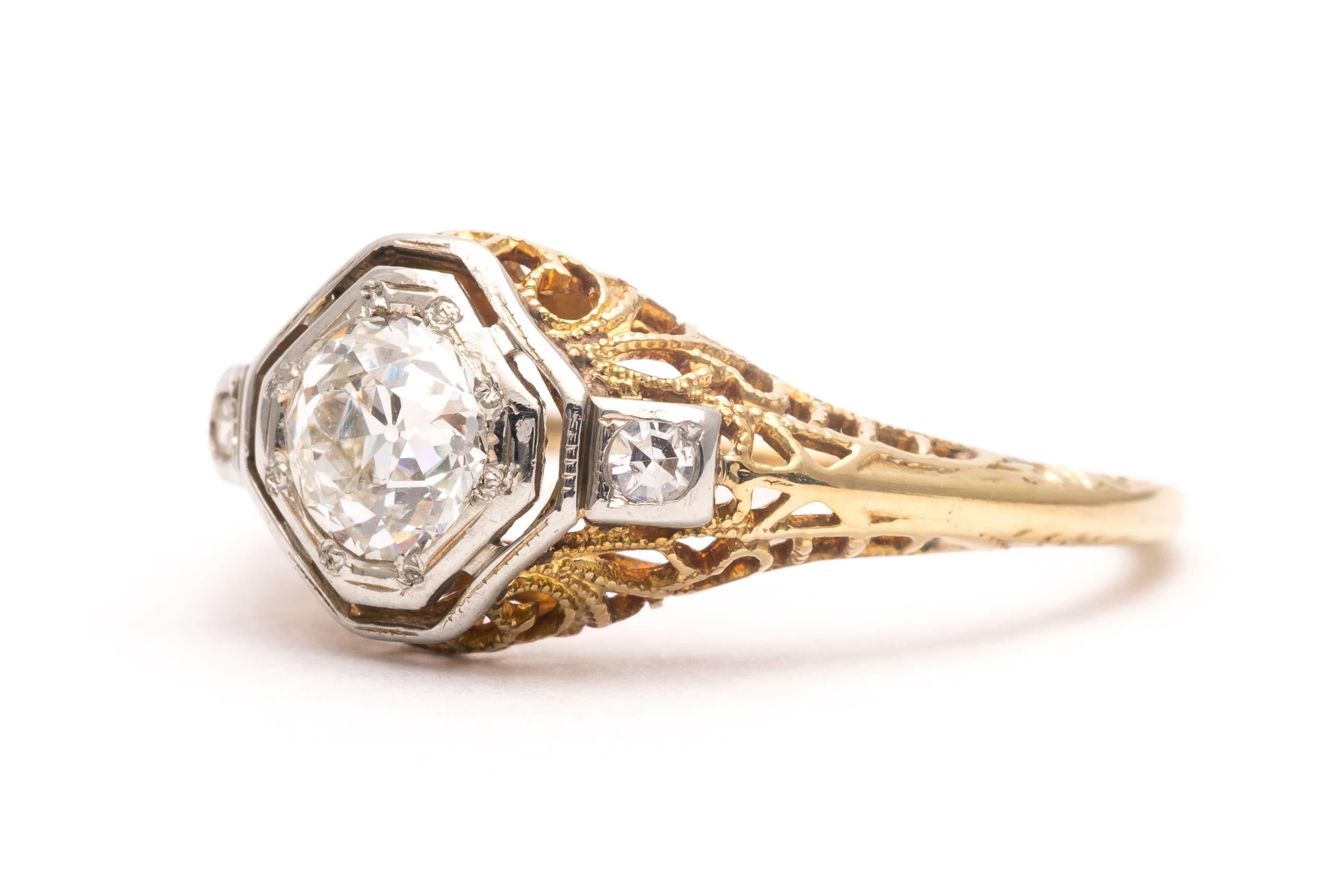 Edwardian 0.52 Carat Diamond Gold Platinum Filigree Engagement Ring In Excellent Condition In Boston, MA