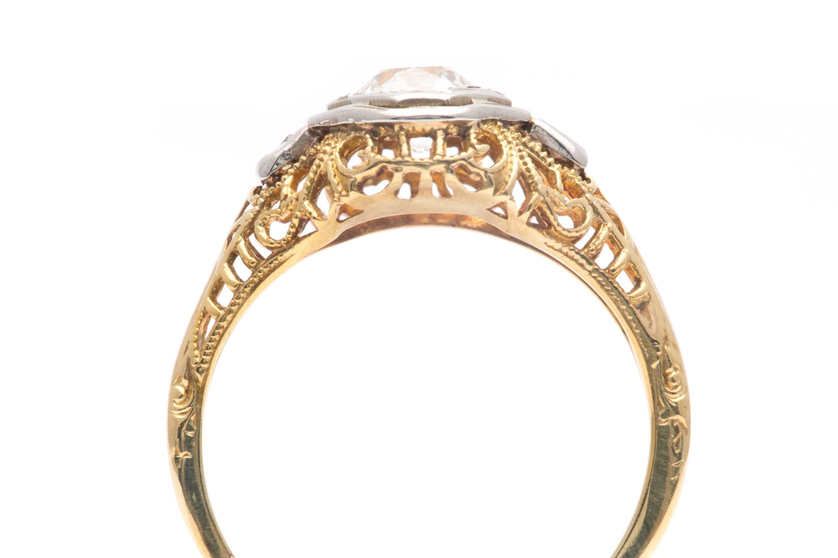 Edwardian 0.52 Carat Diamond Gold Platinum Filigree Engagement Ring 1