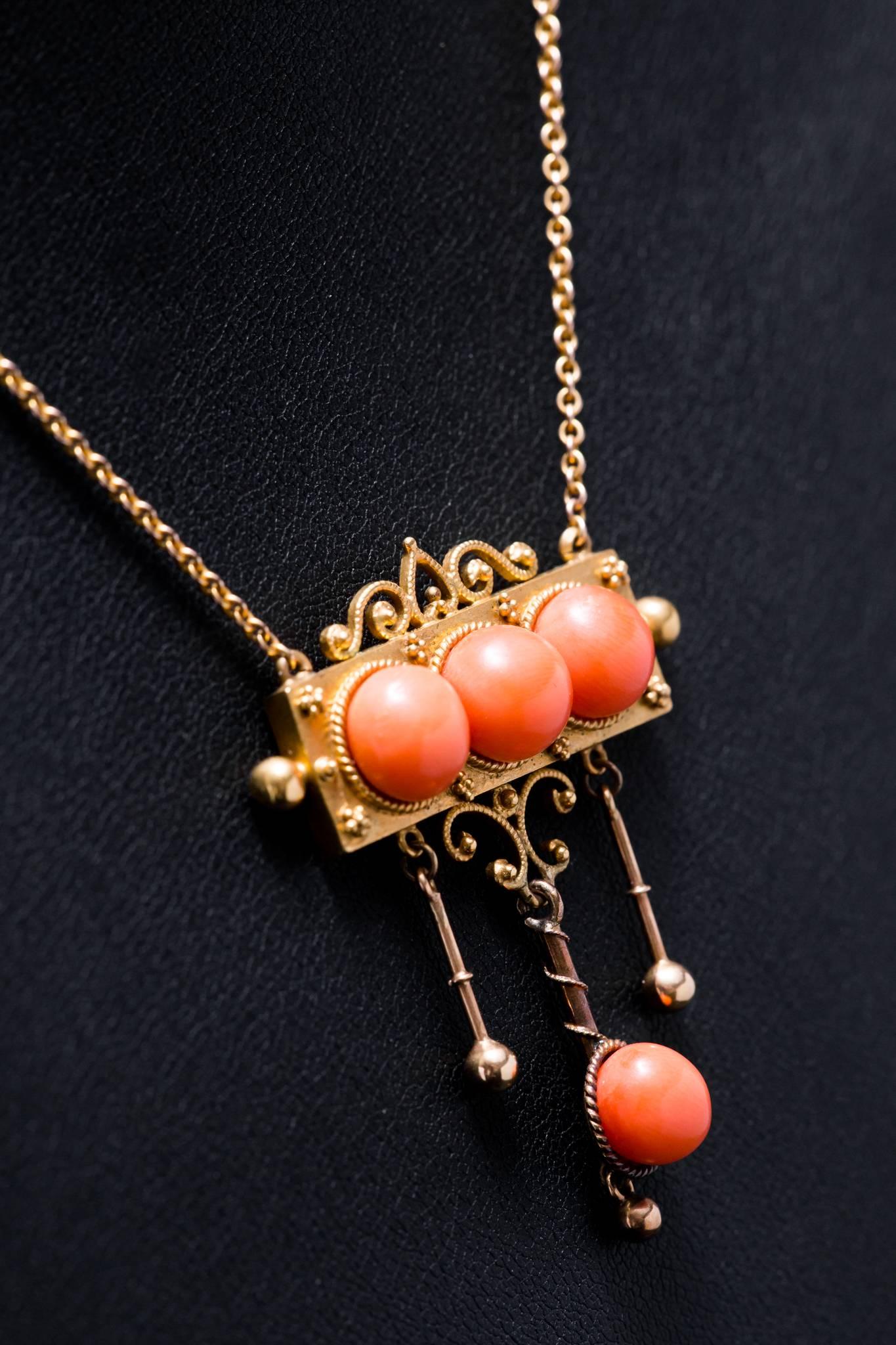 Victorian Angel Skin Coral Gold Etruscan Revival Necklace For Sale 1