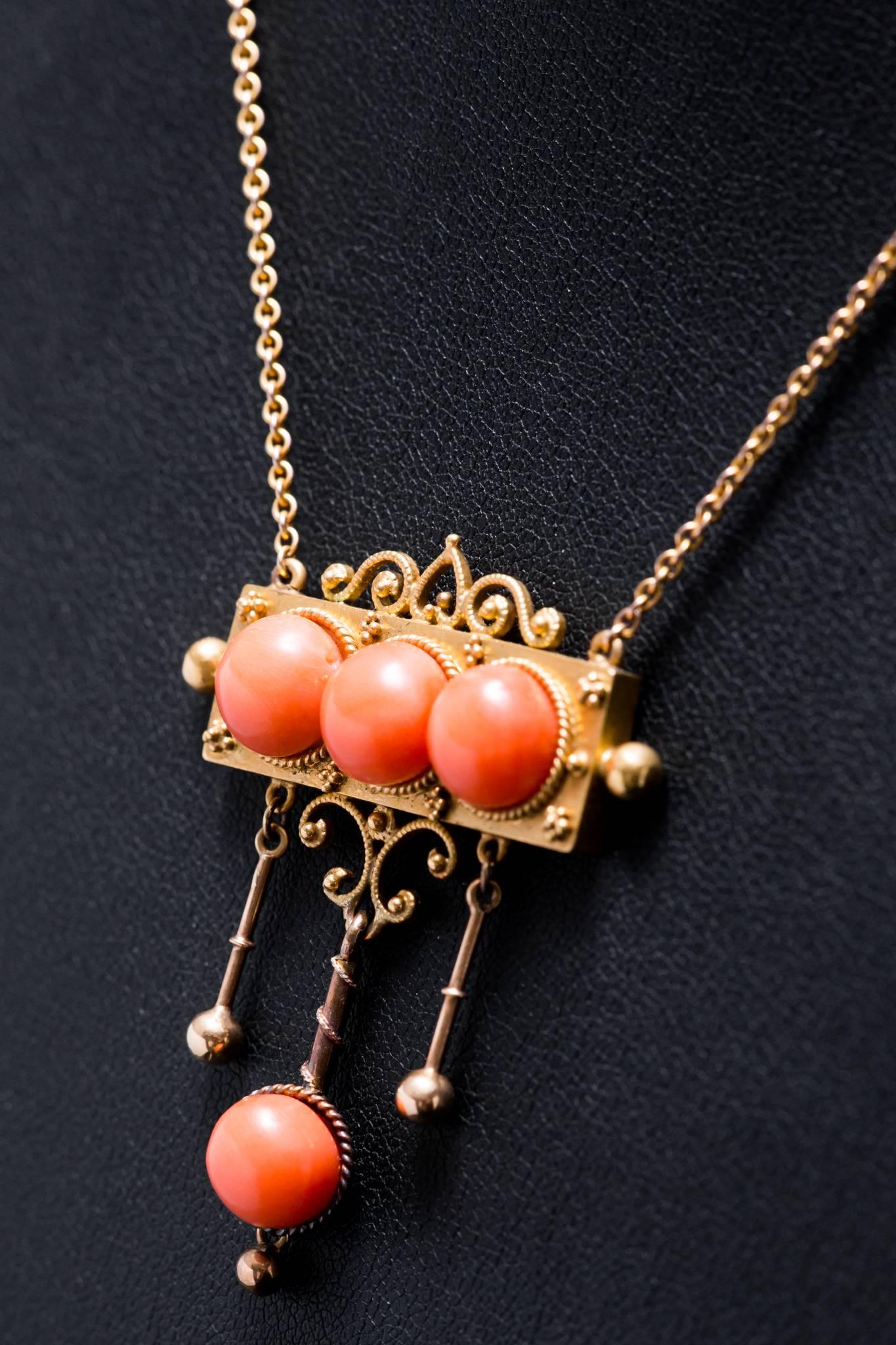 Victorian Angel Skin Coral Gold Etruscan Revival Necklace For Sale 2