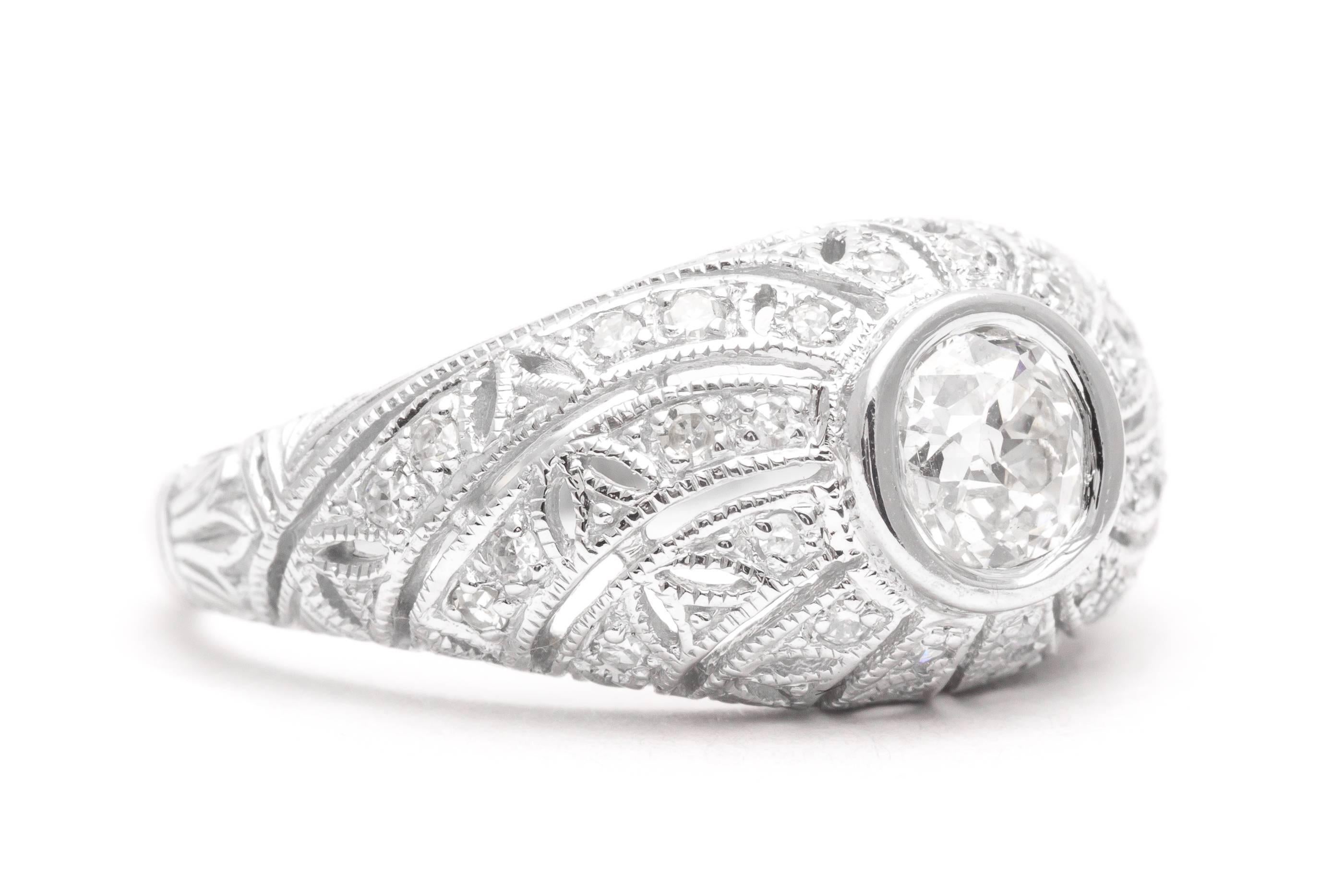 Old European Cut Sparkling Diamond Swirl Design Filigree Ring in White Gold For Sale