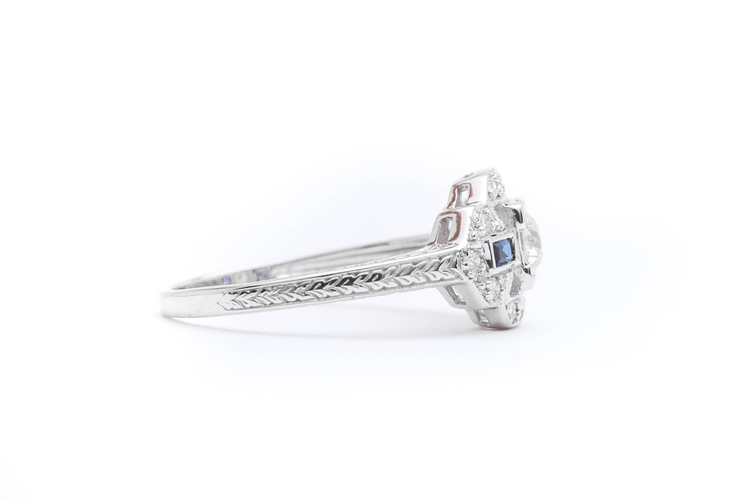Hand Engraved Diamond and Baguette Sapphire Ring For Sale 1