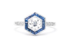 Hexagonal Diamond and Sapphire Platinum Engagement Ring