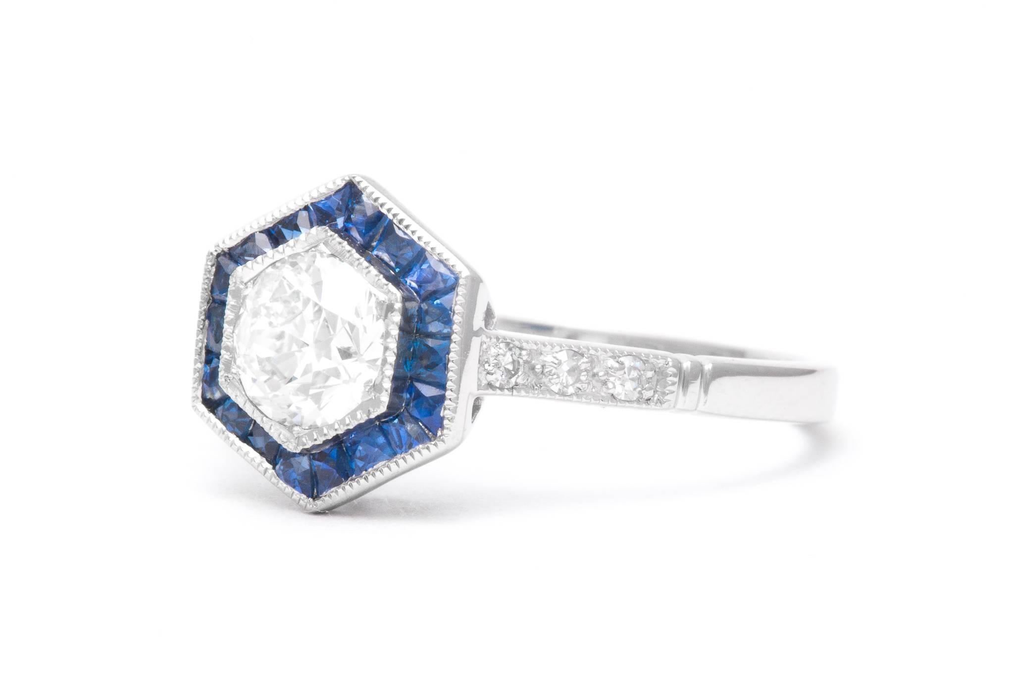 Women's Hexagonal Diamond and Sapphire Platinum Engagement Ring For Sale