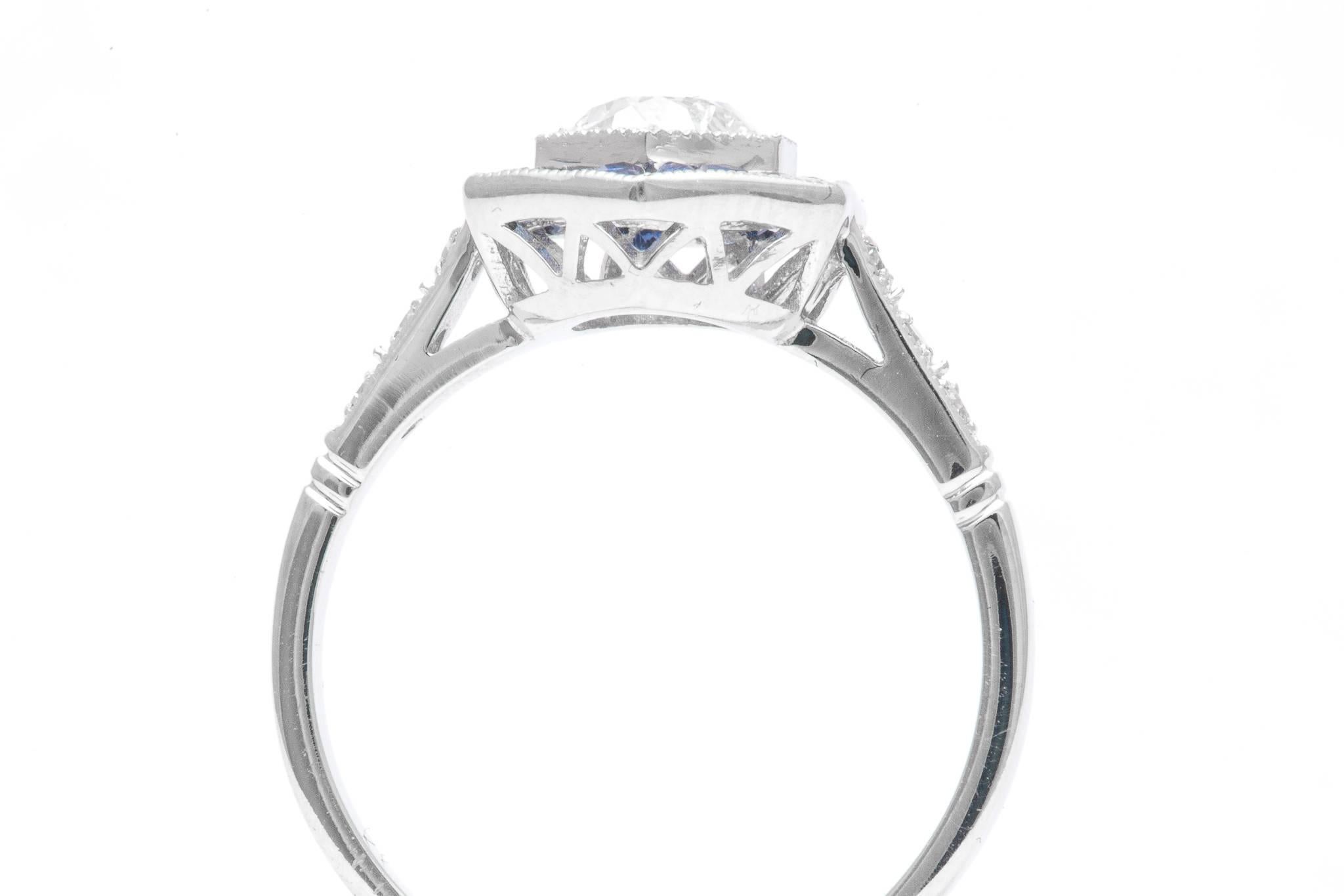 Hexagonal Diamond and Sapphire Platinum Engagement Ring For Sale 2