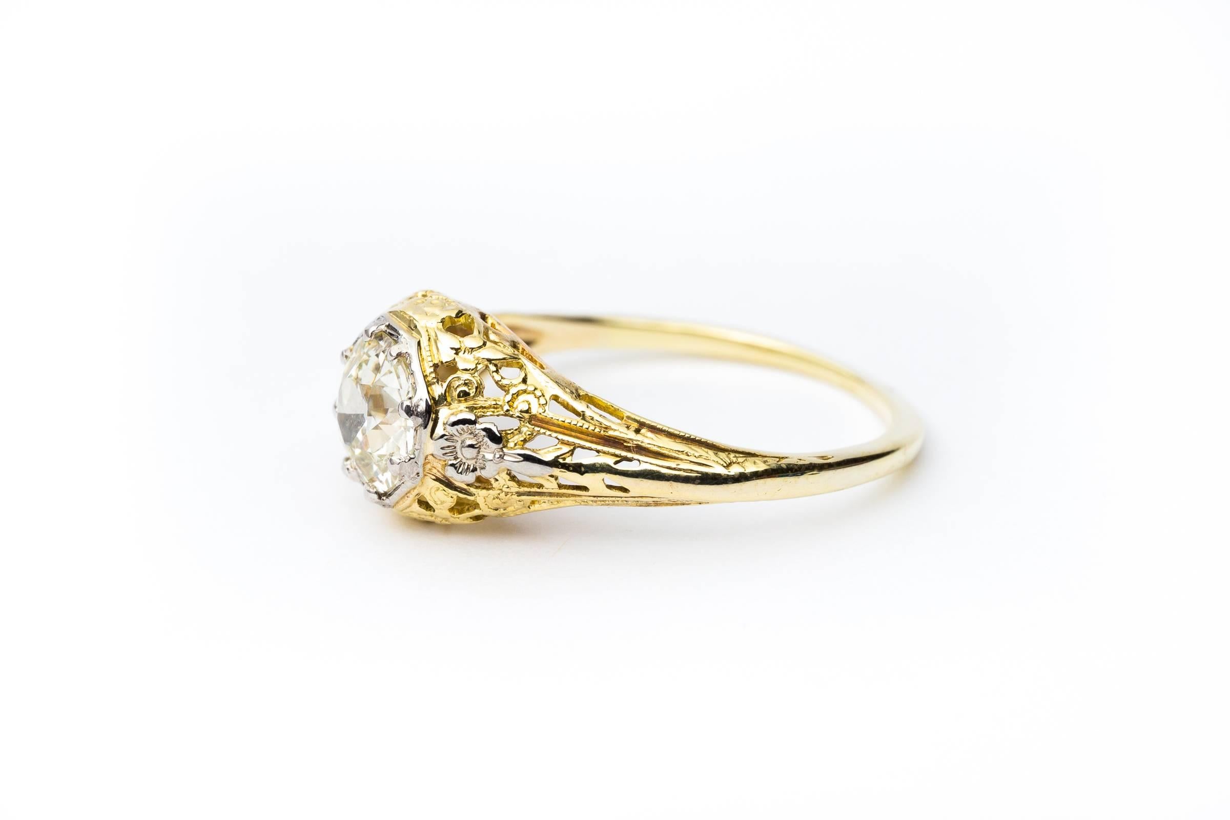 Antique Edwardian 1.13 Carat Diamond Gold Platinum Floral Engagement Ring In Excellent Condition In Boston, MA