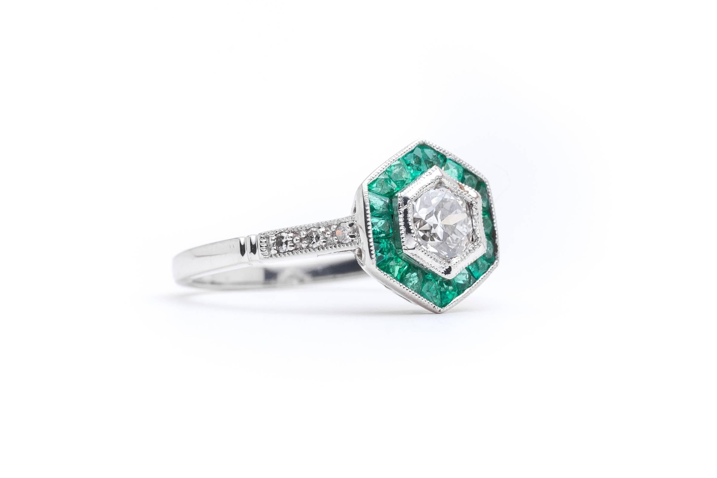 Art Deco Diamond Emerald Target Ring in Platinum