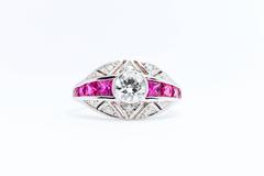 Mid Century 1.80 Carat Diamond French Cut Ruby Gold Engagement Ring