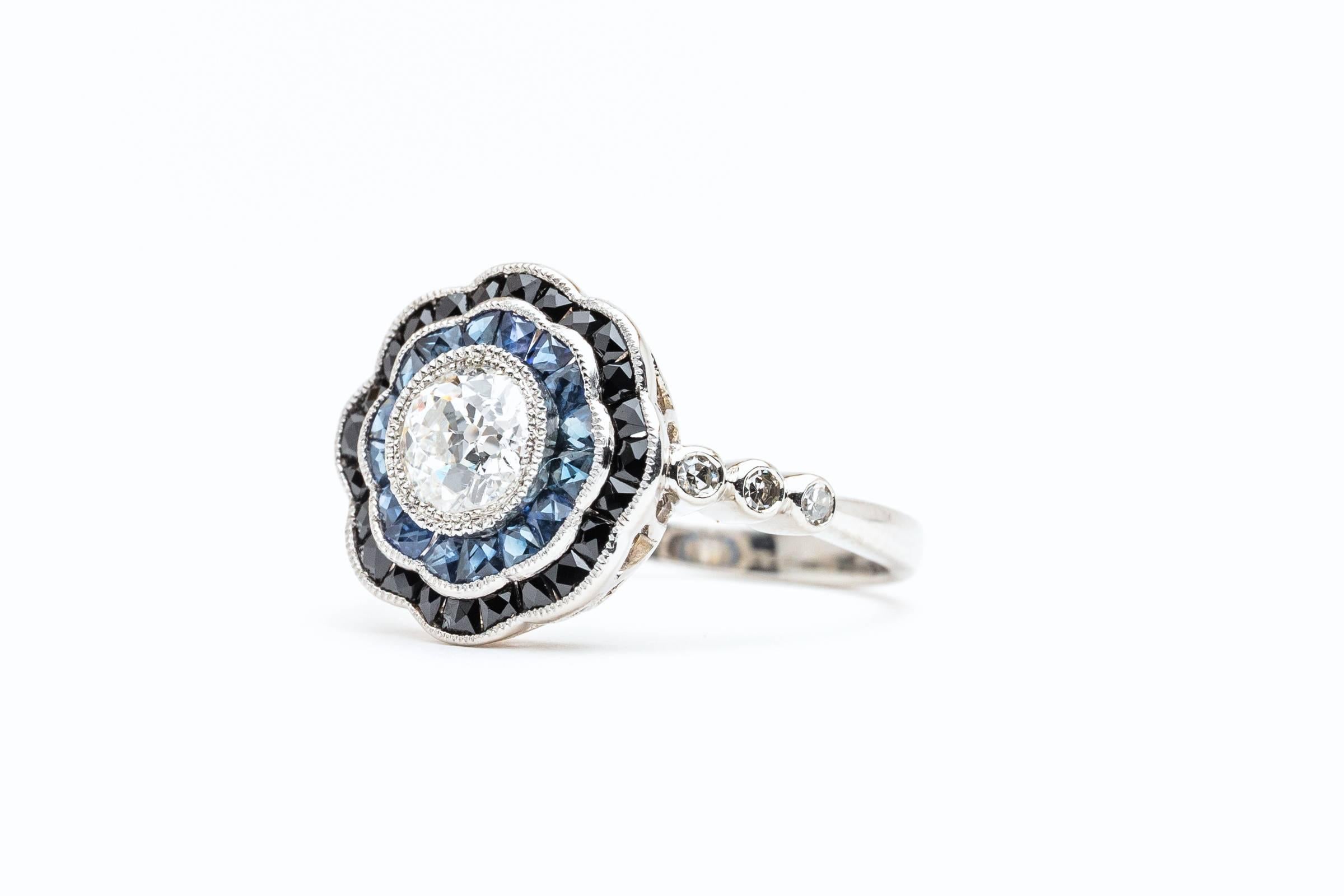 Women's Dramatic Onyx Sapphire Diamond Platinum Engagement Ring For Sale