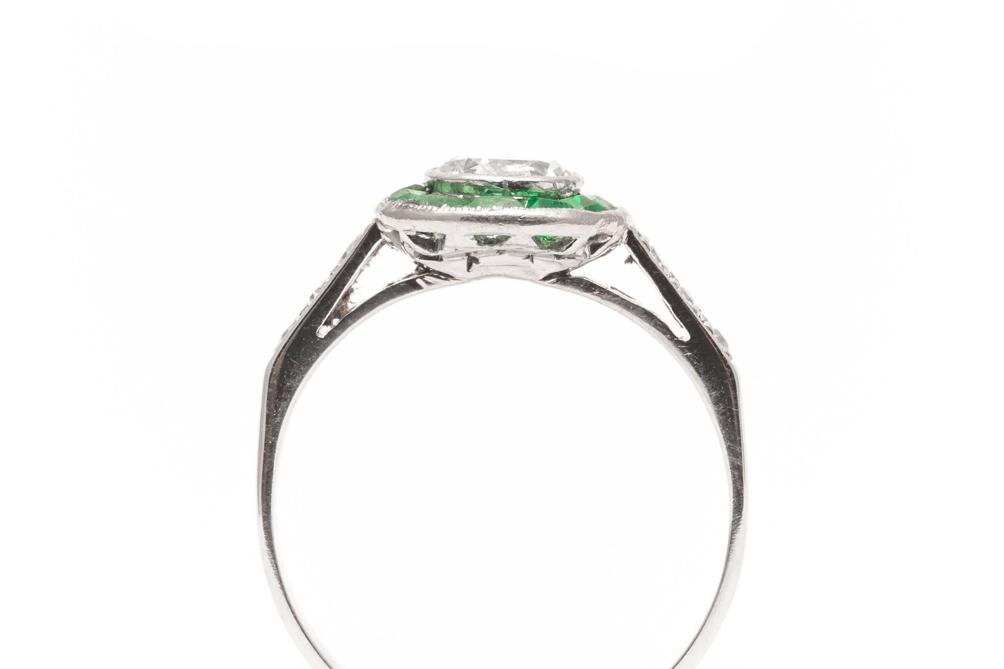 English 1.46 Carat Emerald Diamond Platinum Halo Ring  1