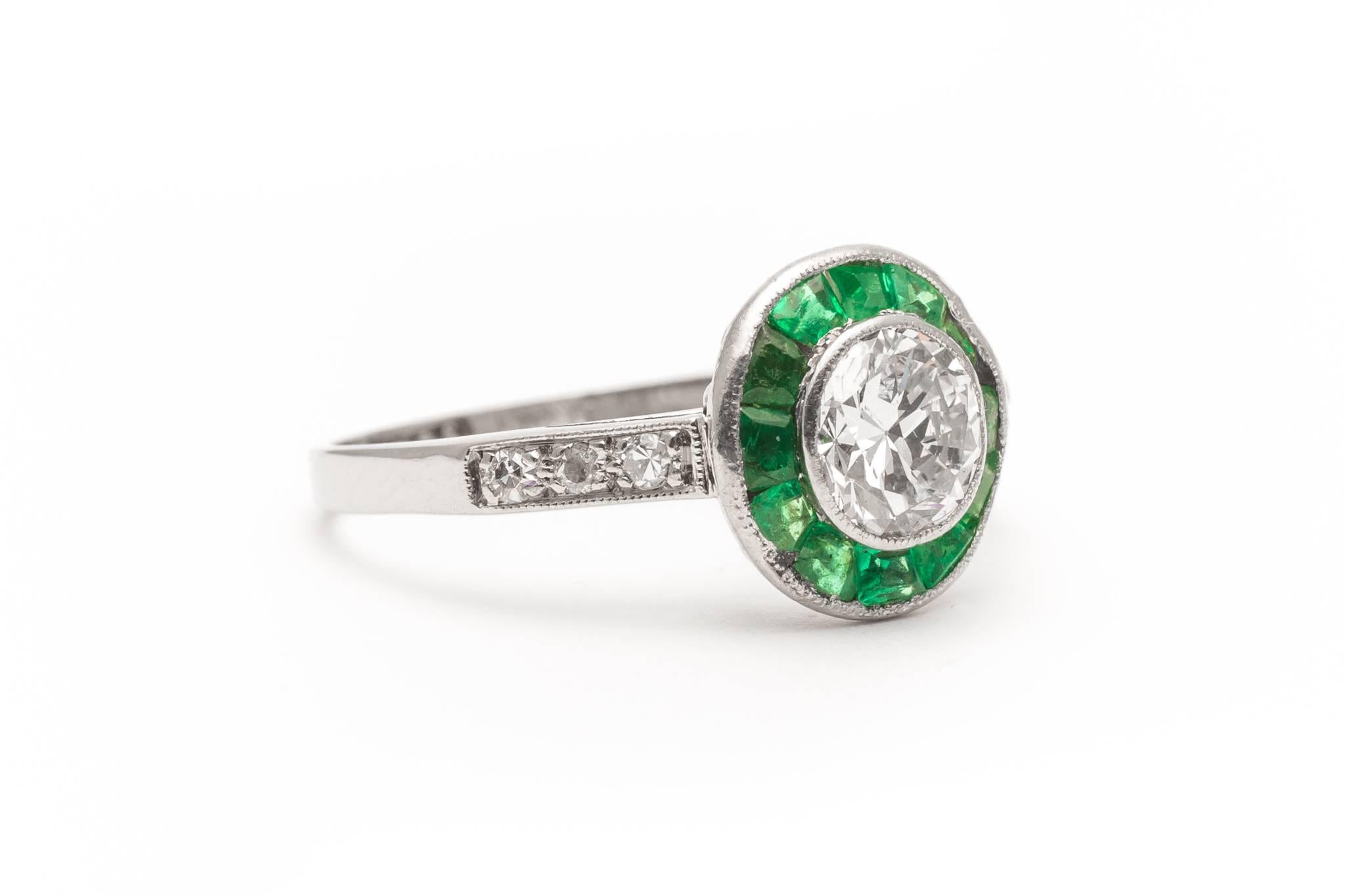 Art Deco English 1.46 Carat Emerald Diamond Platinum Halo Ring 