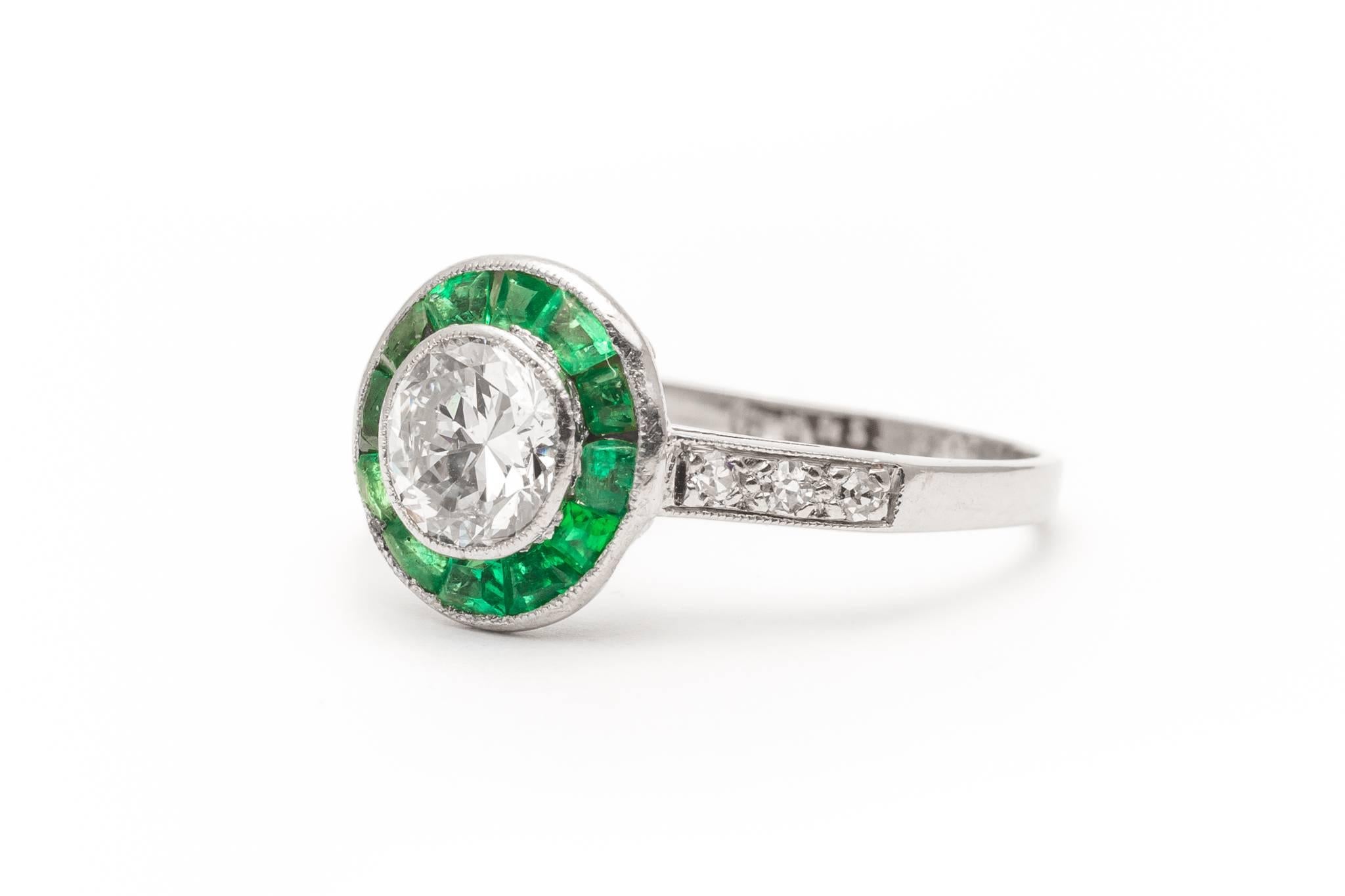 English 1.46 Carat Emerald Diamond Platinum Halo Ring In Excellent Condition In Boston, MA