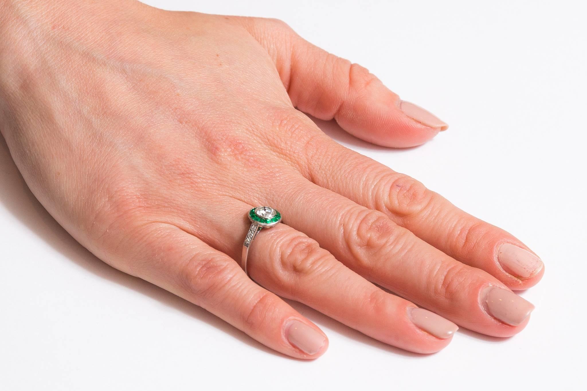 English 1.46 Carat Emerald Diamond Platinum Halo Ring 2