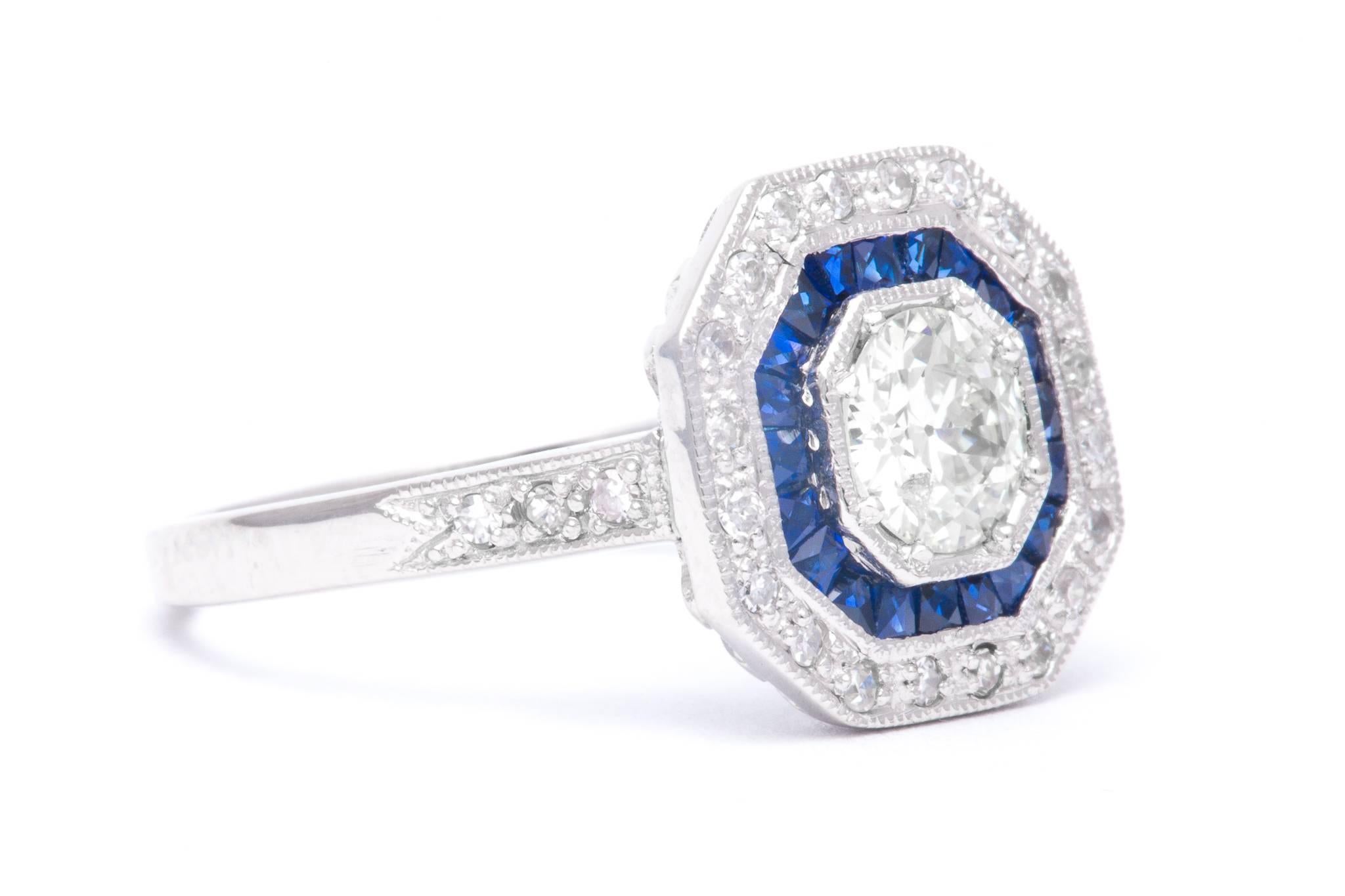 Double Halo 0.75 Carat Diamond French Cut Sapphire Platinum Ring  In Excellent Condition For Sale In Boston, MA