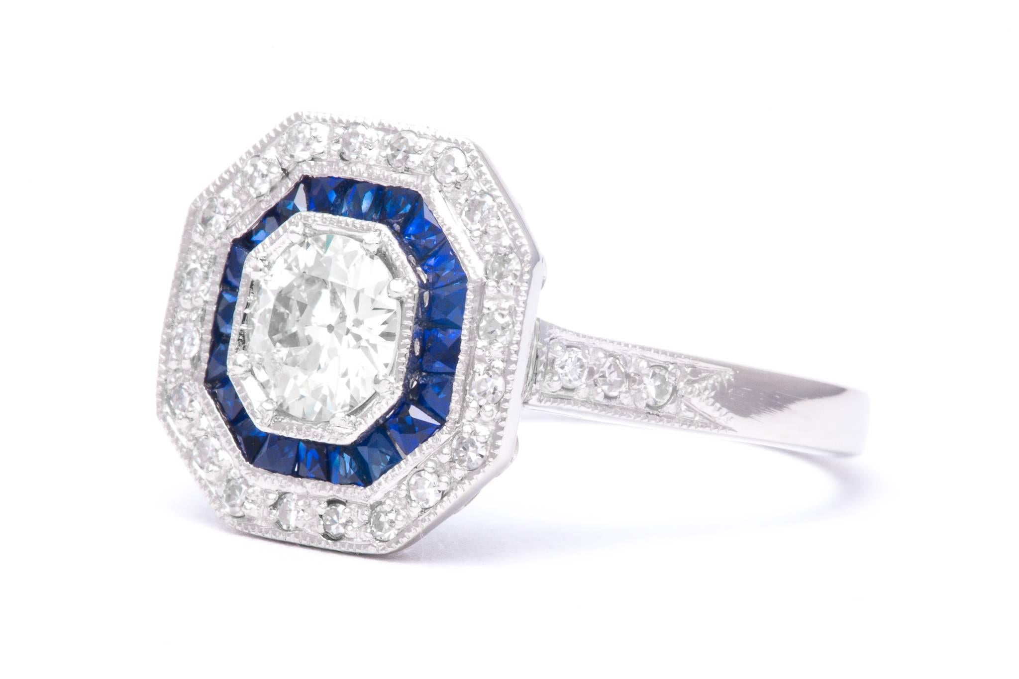 Women's Double Halo 0.75 Carat Diamond French Cut Sapphire Platinum Ring  For Sale