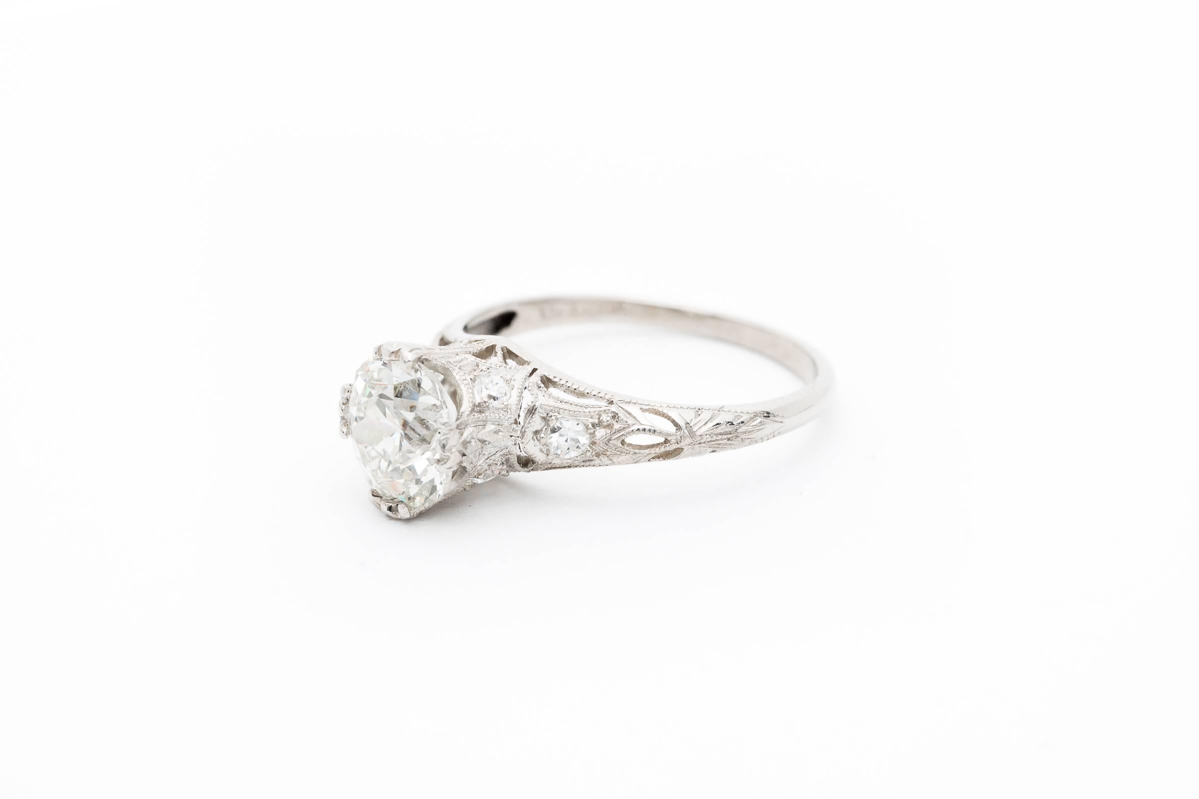 Old European Cut Glorious Art Deco 1.42 Carat Diamond Platinum Engagement Ring For Sale