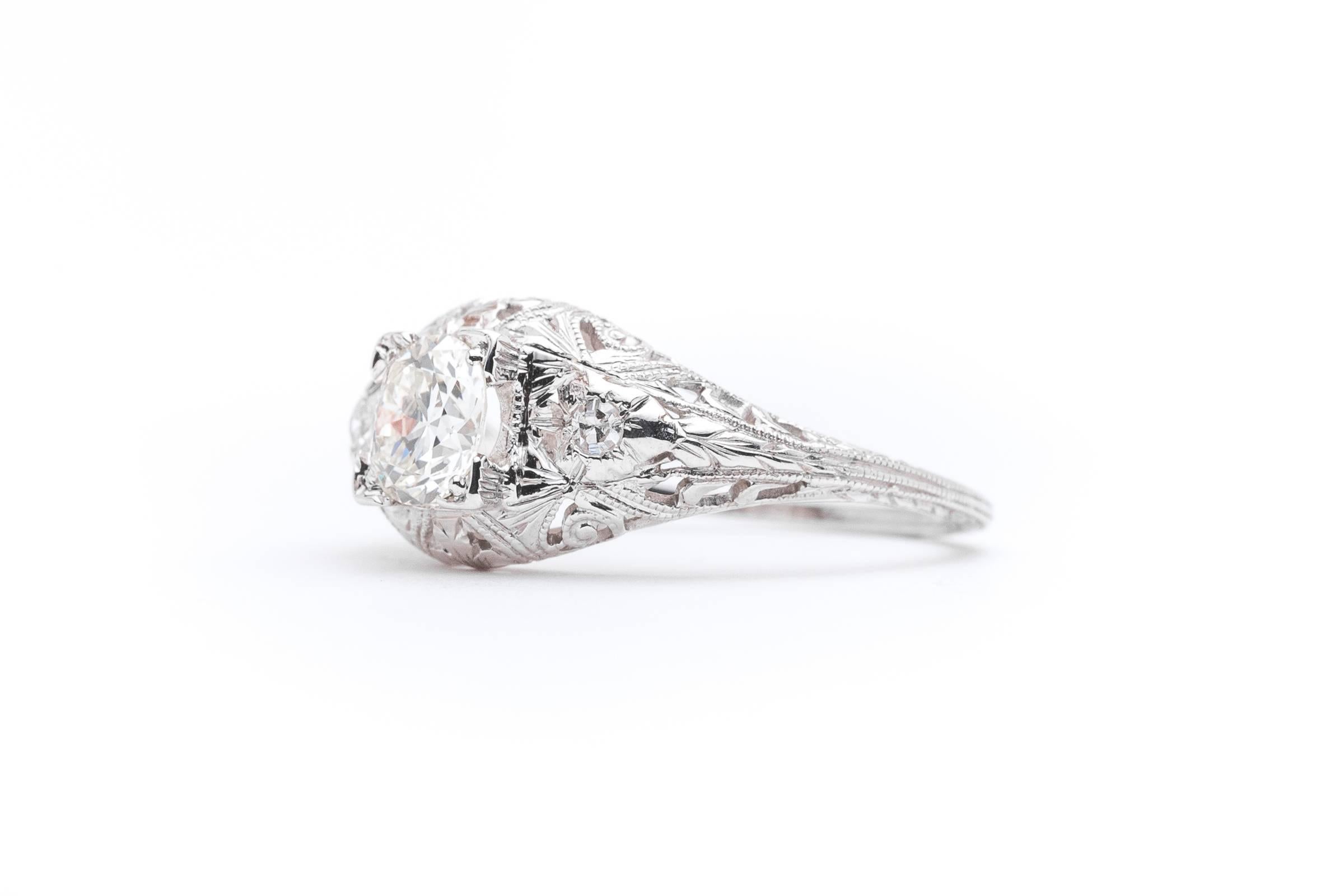 Old European Cut Art Deco Hand Engraved 0.75 Carat Diamond Filigree Engagement Ring in Platinum For Sale